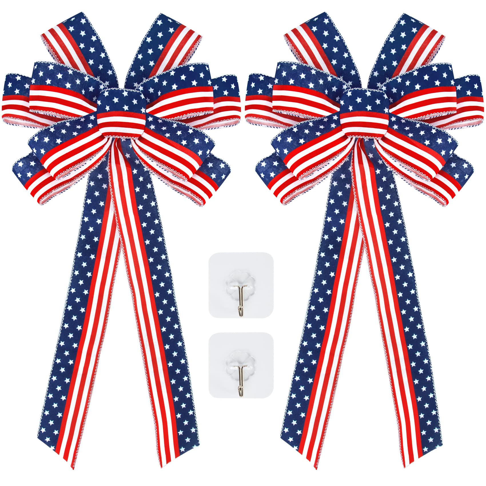 2 Pack Large Patriotic Wreath Bow, 4th of July Decorations Red Blue White Burlap 4th of July Wreath for 4th of July Independence Day Memorial Day Veteran's Day Porch Party Home Decor