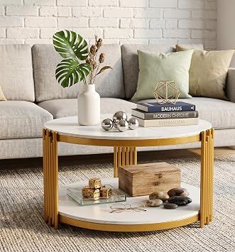 27" Round Faux Marble Coffee Table 2-Tier White Gold Storage Coffee Table with Irregular Metal Leg, Modern Circle Marble MDF Tea Center Tables for Living Room Home Apartment Office