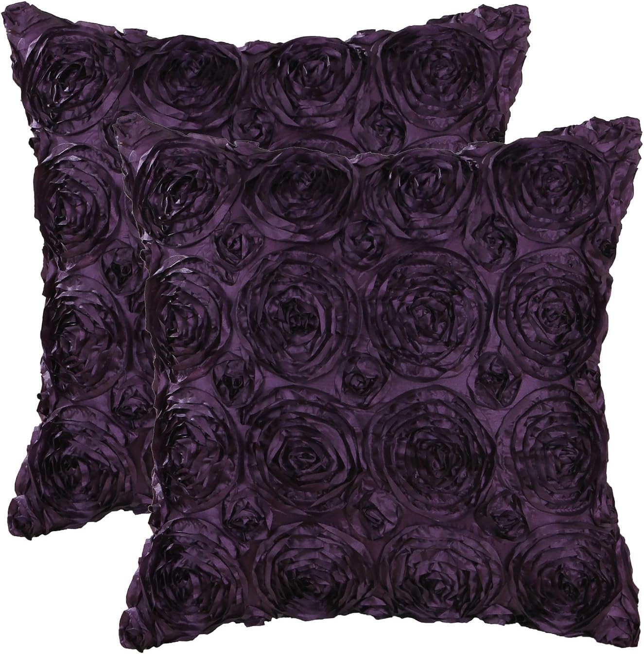 CaliTime Pack of 2 Cushion Covers Throw Pillow Cases Shells for Couch Sofa Home Solid Stereo Roses Floral 18 X 18 Inches Deep Purple