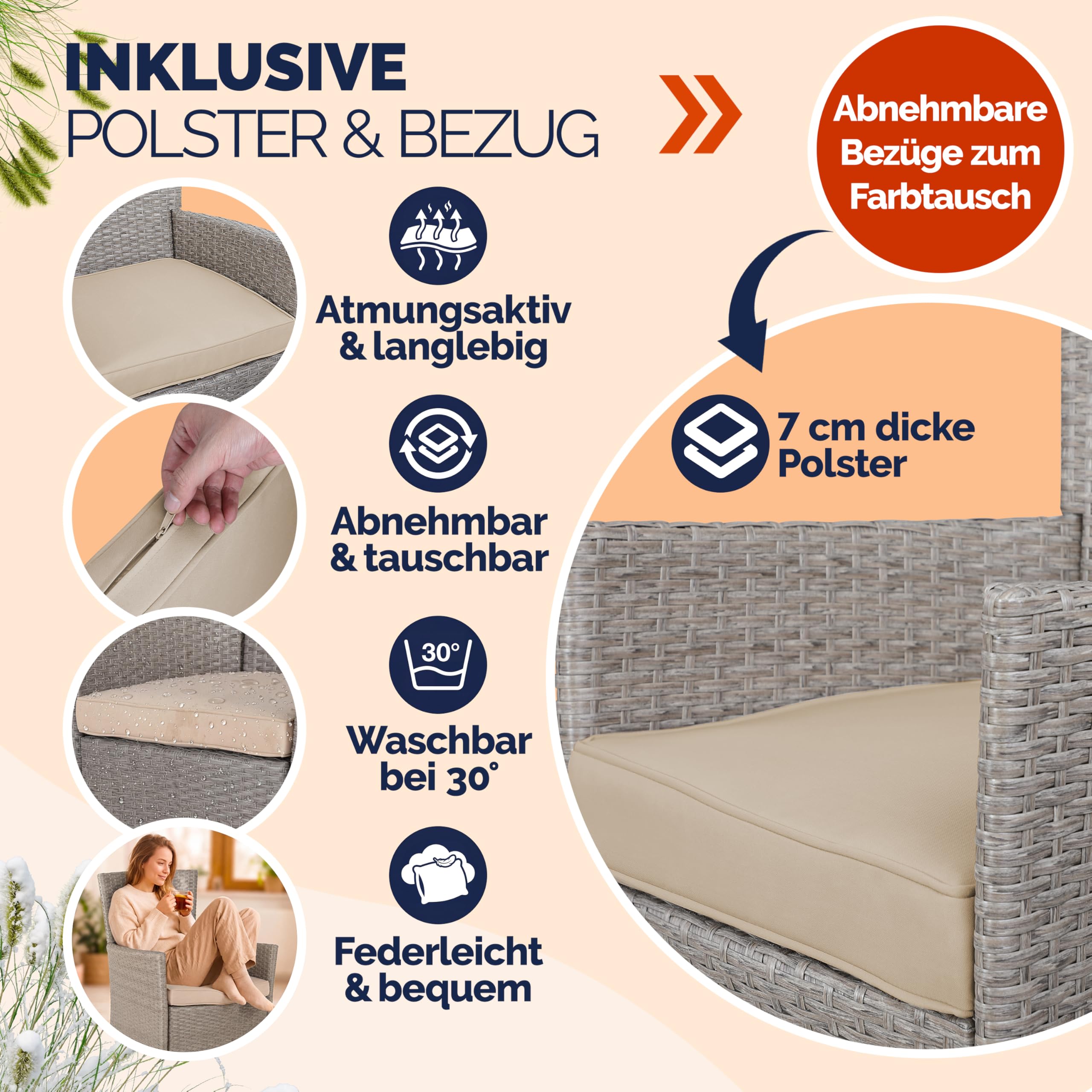 Casaria® 2er Set Poly Rattan Gartenstuhl mit Auflage Stapelbar Wetterfest 160 kg Belastbar Stapelstuhl Garten - Beige Grau