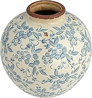Creative Co-Op DF2720 8-Inch Blue Terracotta Vase with Floral Transferware Pattern & Crackle Finish - Vintage Farmhouse Decor