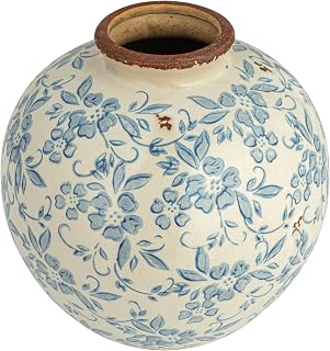 Creative Co-Op DF2720 8-Inch Blue Terracotta Vase with Floral Transferware Pattern & Crackle Finish - Vintage Farmhouse Decor