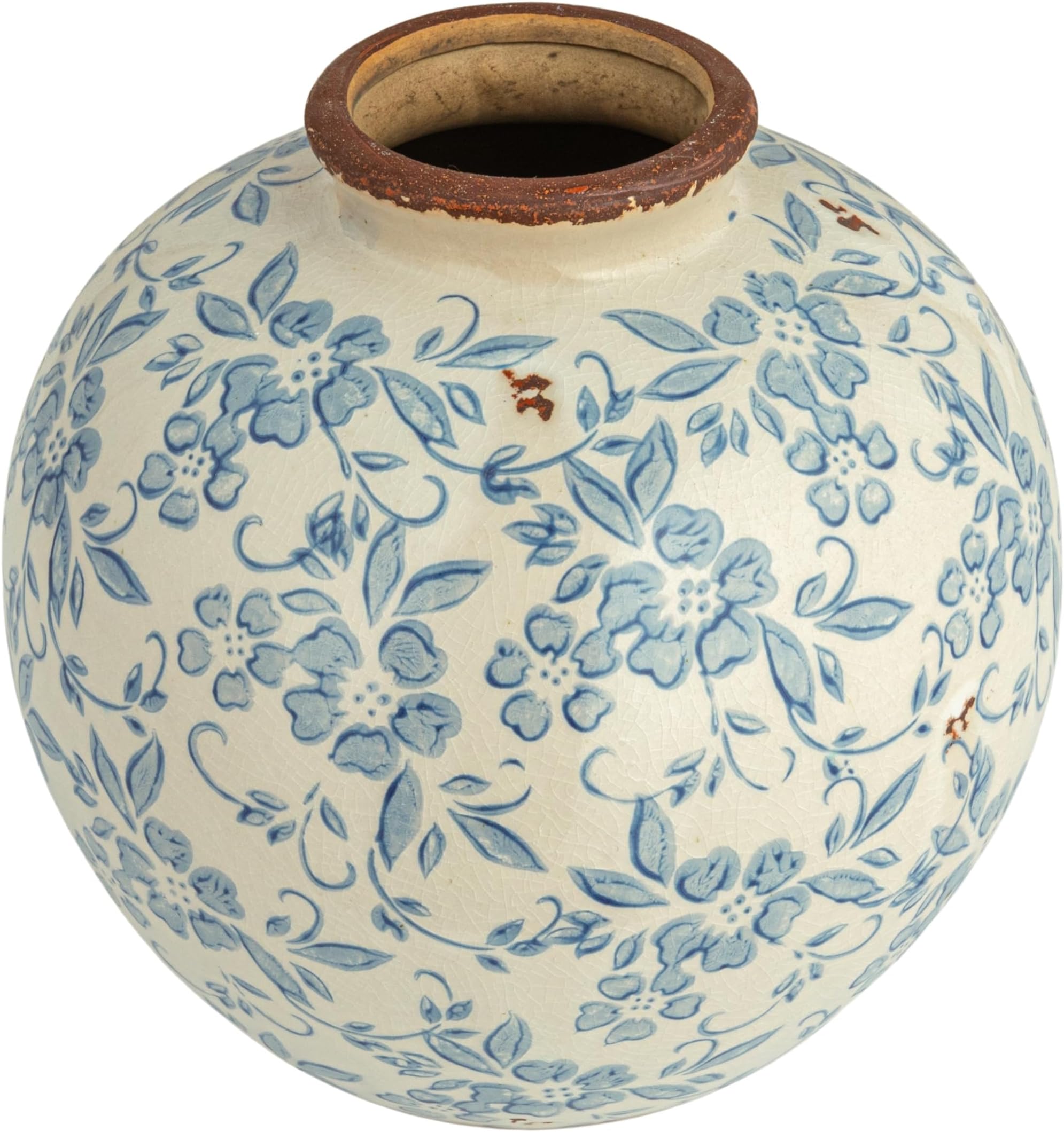 Creative Co-Op DF2720 8" H Terracotta Floral Transferware Pattern & Crackle Finish Vase, Blue