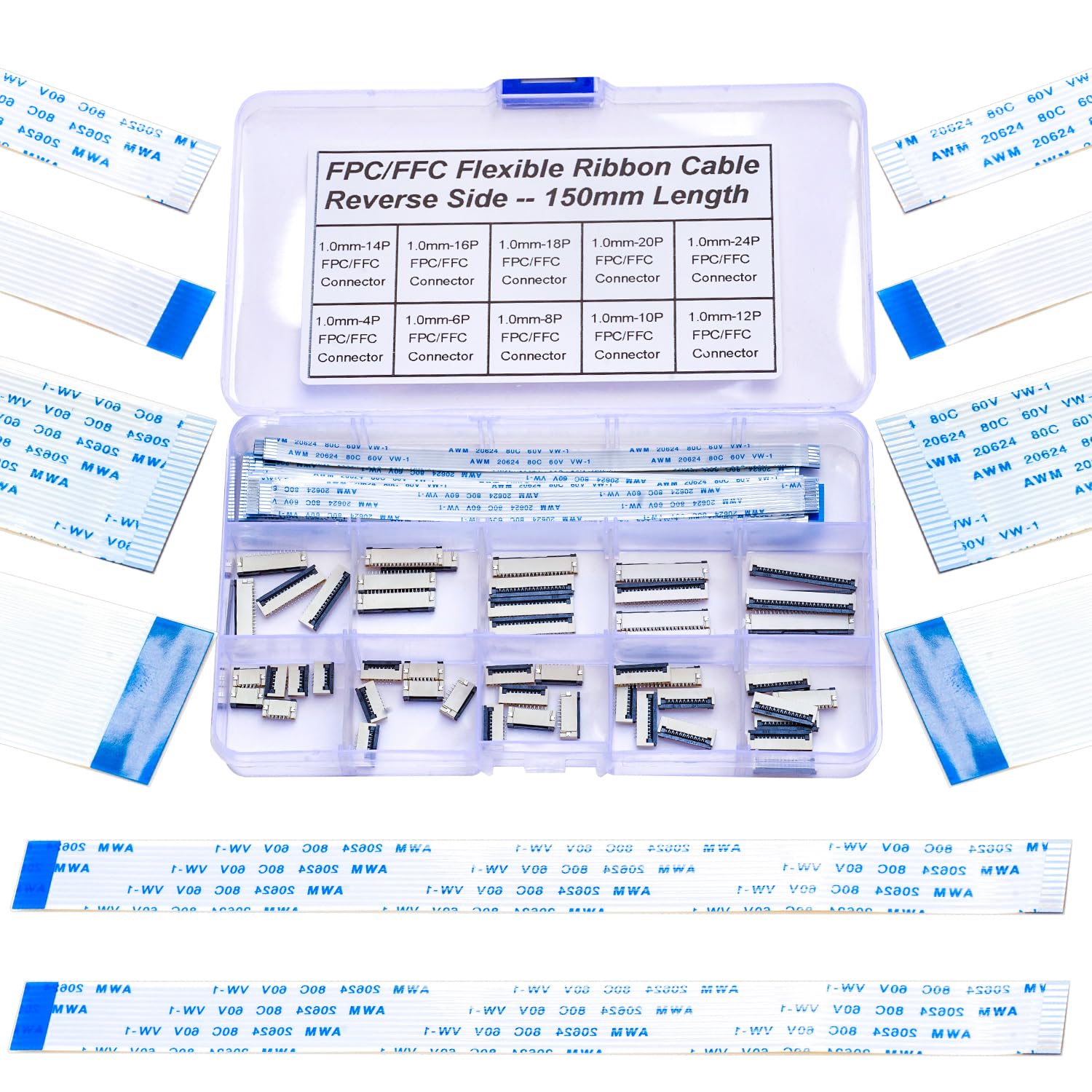 FFC FPC Connector Ribbon Cable Connector ffc-fpc 4P 6P 8P 10P 12P 14P 16P 18P 20P 24P,150mm Length Flexible Flat Cable 1mm Pitch A Type(KS-1.0-SS-A)
