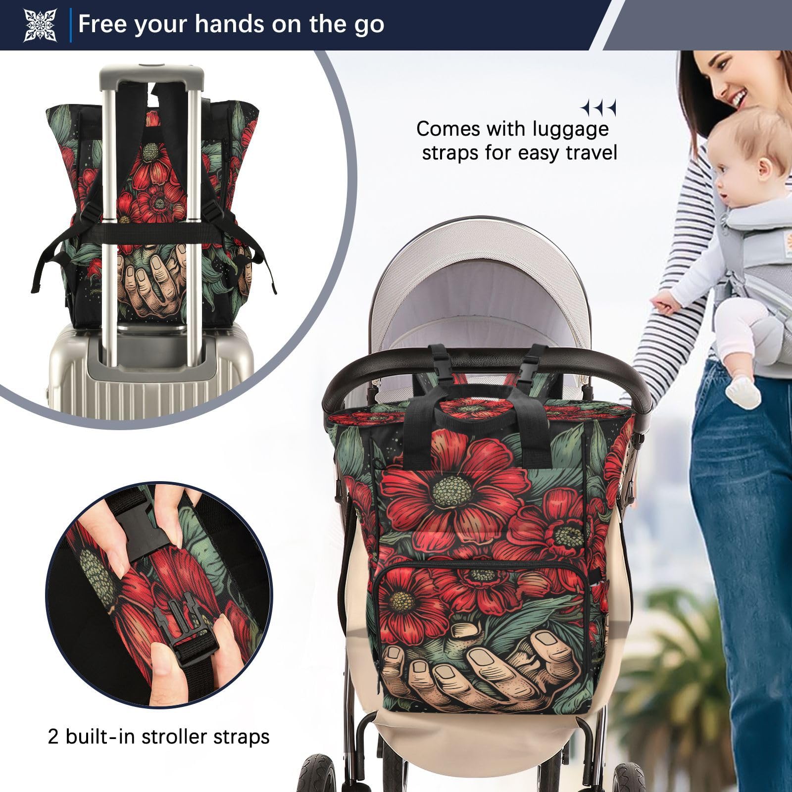 Flores Rojas Floreciendo Natural Mochilas de Pañales para Gran Capacidad Pañal Bolso Mochila para Viajar al Aire Libre Mamá y Papá