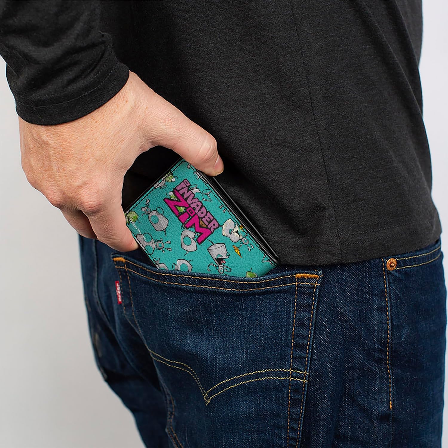Buckle-Down Nickelodeon Wallet, Bifold, Invader Zim Gir Robot and Disguised Poses Scattered Blue, Vegan Leather