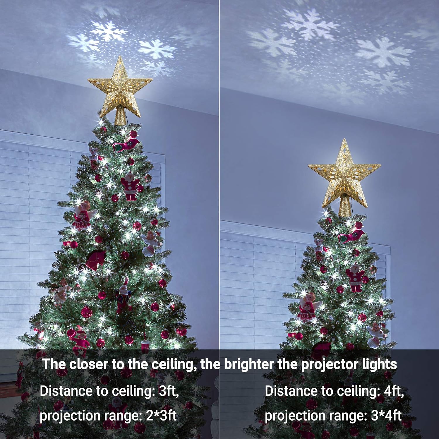 Brizled Gold Christmas Tree Topper Lighted with Cool White Snowflake Projector, 3D Glitter Hollow Star Xmas Tree Topper, LED Christmas Treetop Projector Lights for Xmas Home Tree Holiday Party Decor