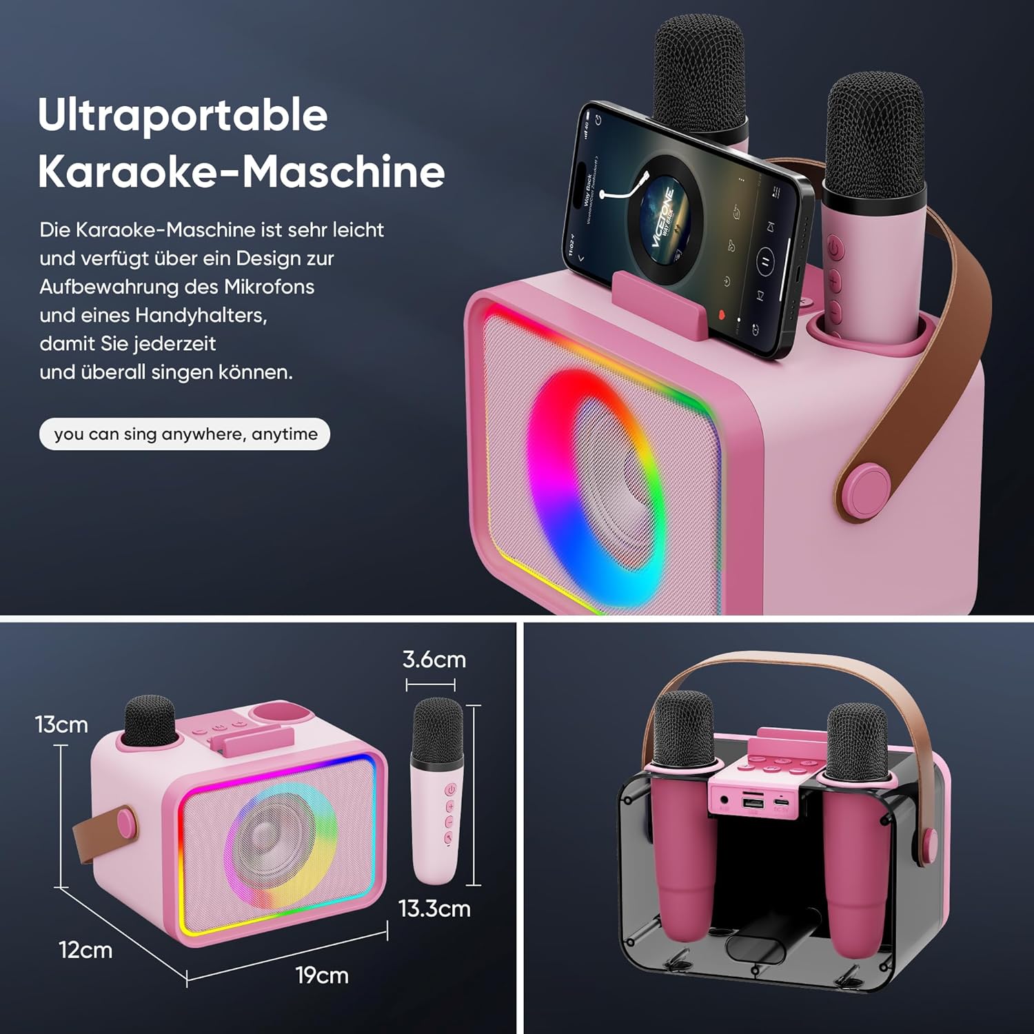 Portable karaoke machine with a smartphone in its holder, showing dimensions and microphone size