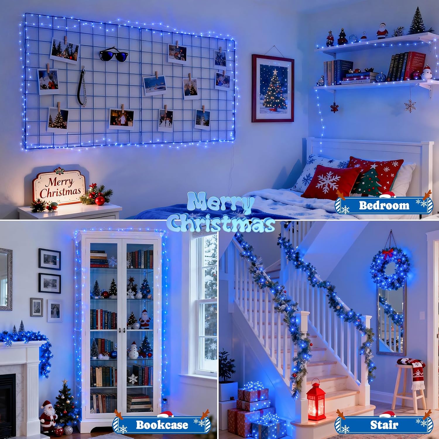 Blue fairy lights decorating a bedroom, bookcase, and stair railing.