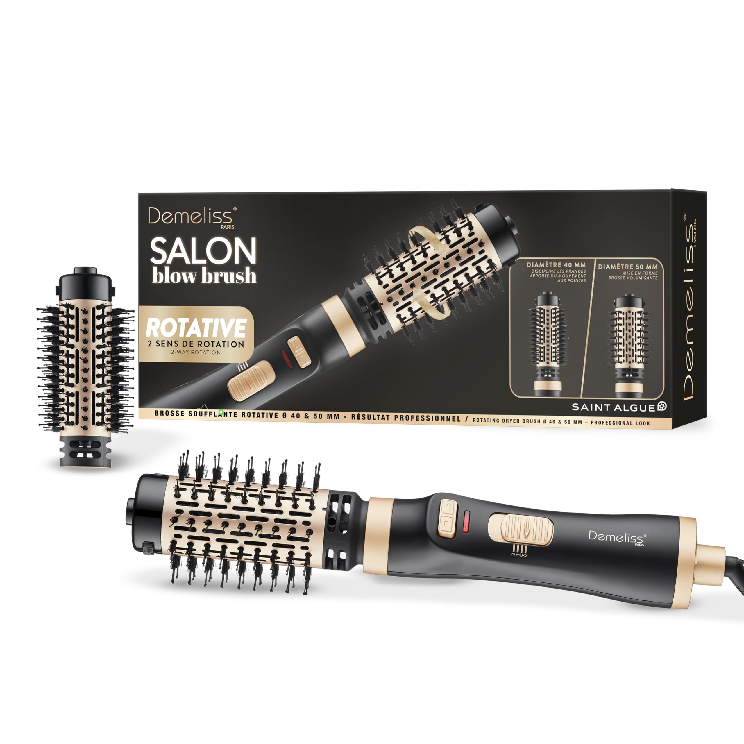 Demeliss Saint Algue – Brosse Soufflante Rotative Salon Blow Brush – 2 Diamètres 40 Et 50 mm – Séchage, Coiffure Brushing Facile – Effet Lisse, Volume Mouvement – Revêtement Céramique