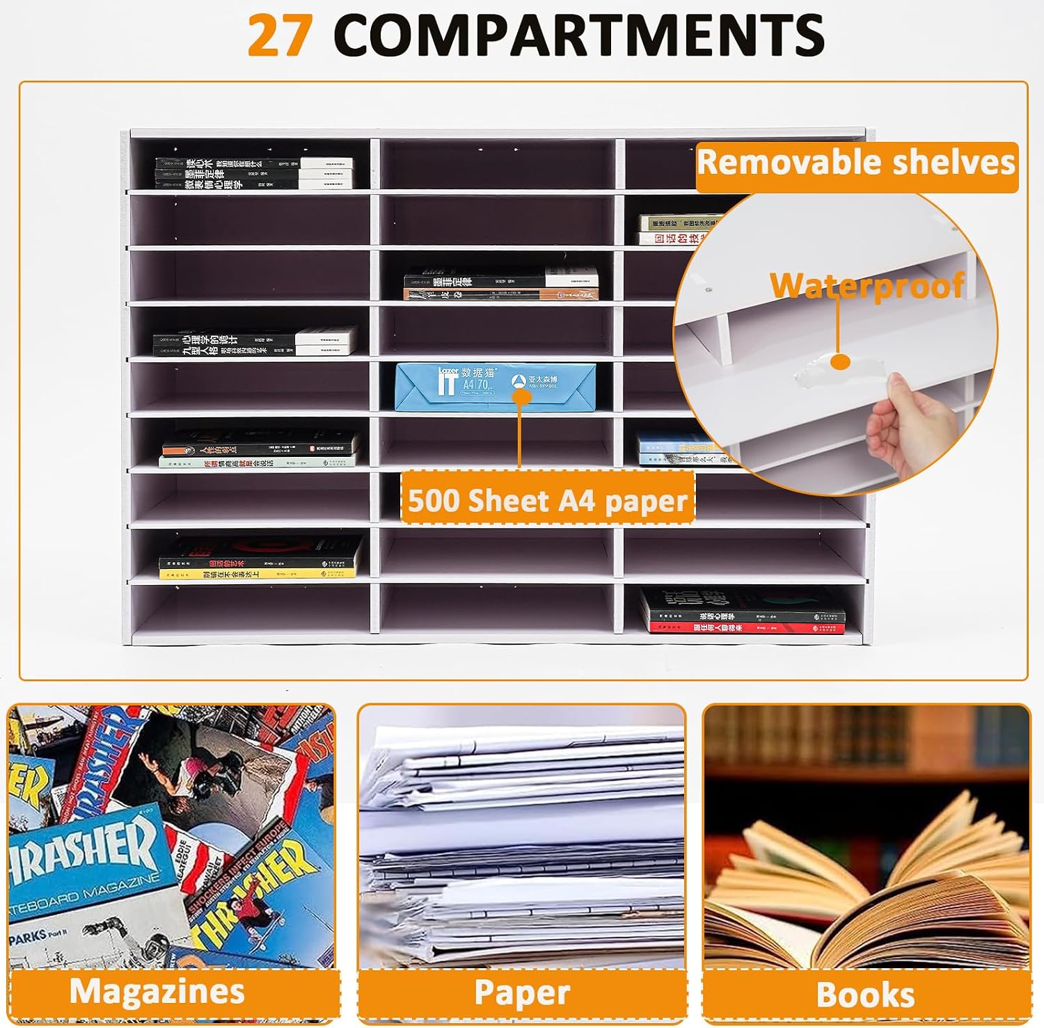 LOYALHEARTDY Literature Organizer, 27 Compartments Paper Storage Cabinet Mail Organizer, 31.5 X 12 X 21.69 Inch Desktop File Sorter Mail Center Mailbox School Classroom Keepers for Home&Office, White