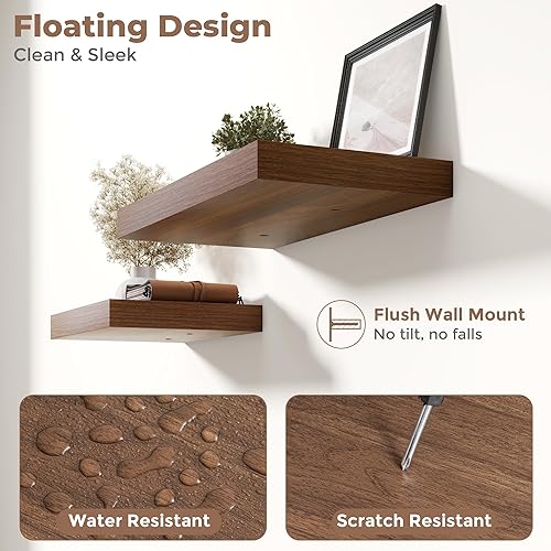 Miniatura 4 de Estantes flotantes cuadrados de 12 pulgadas para pared, paquete de 2, estantes de baño de grano de madera de 12 pulgadas de profundidad con soportes