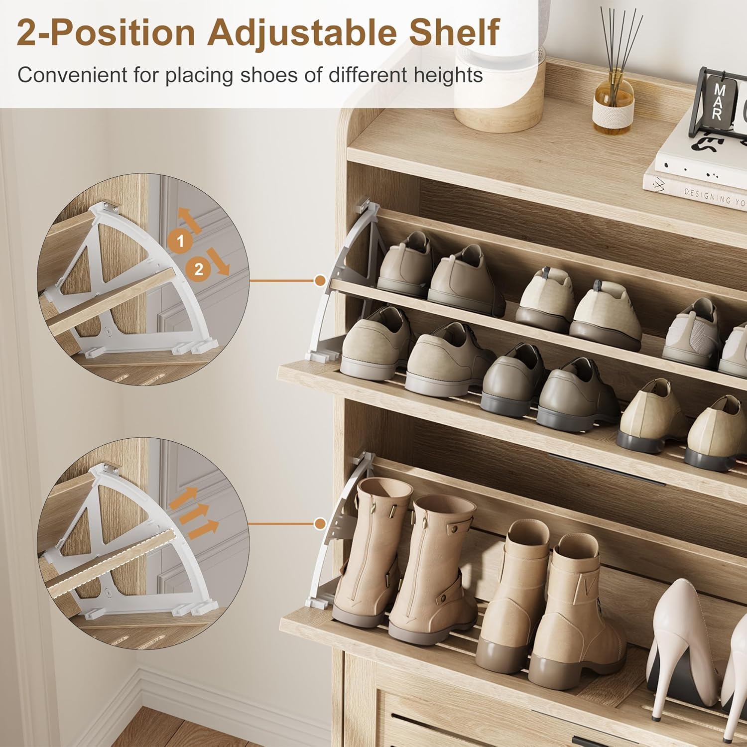 GAOMON Narrow Shoe Cabinet for Entryway, Slim Shoe Cabinet with 3 Flip Drawers, Farmhouse Thin Shoe Organizer Cabinet with Hooks for Entrance, Hallway, Front Door