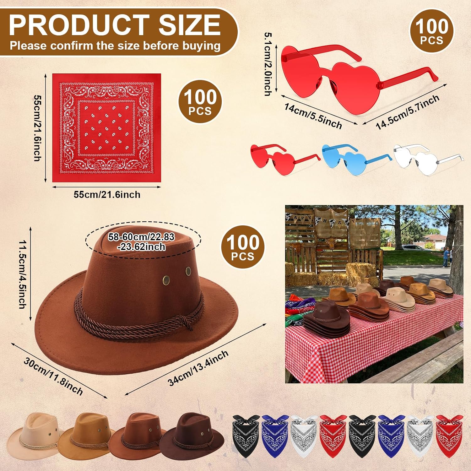 Hercicy 300 Pcs Western Cowboy Hats and Bandanas Sunglasses Bulk Set Felt Cowgirl Hats for Adults Women Men Dress Party