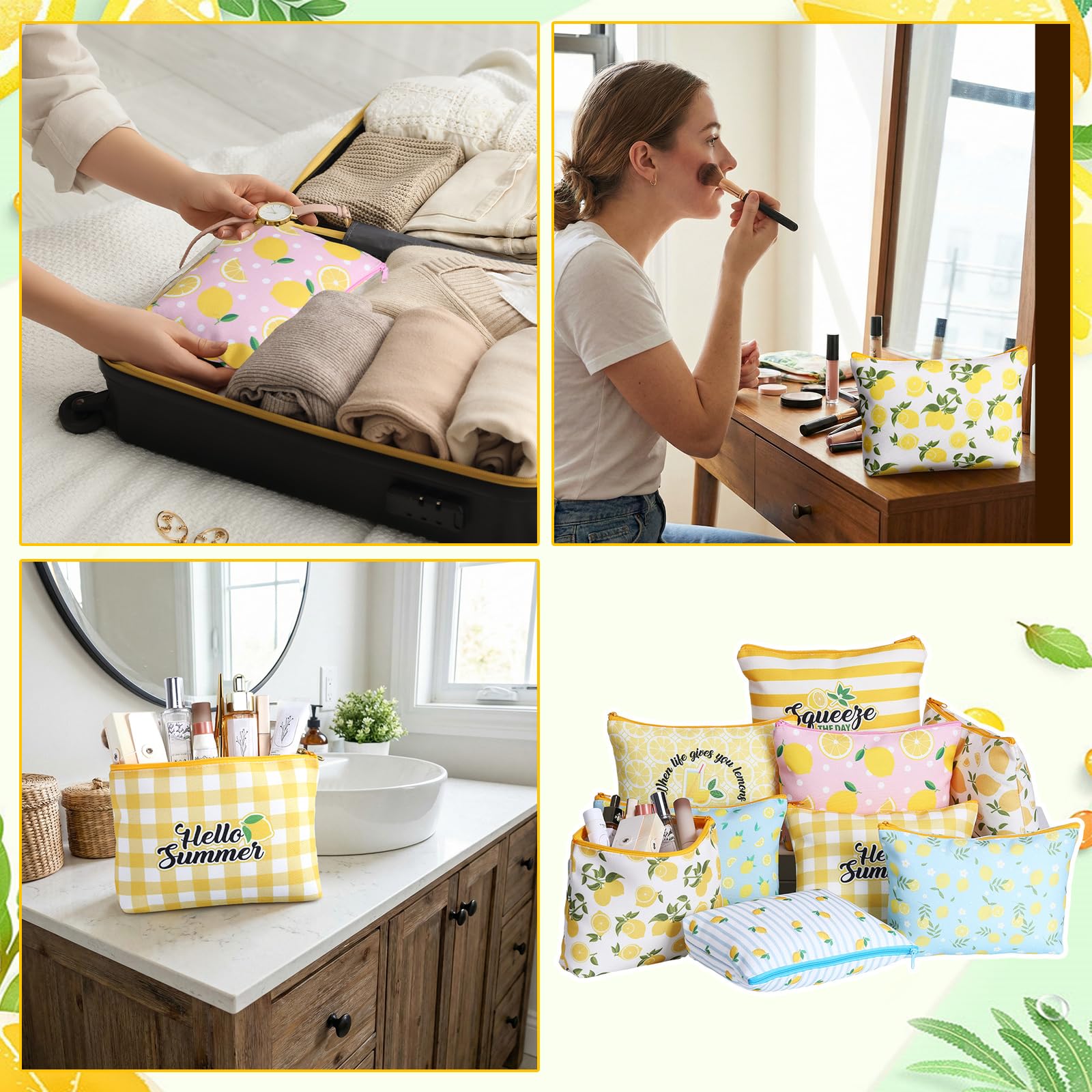 Tallew 9 Pcs Lemon Makeup Bags for Women Lemon Themed Gifts Cosmetic Bag Purse Summer Travel Organizer Zipper Pouch Survival Kit for Women Sister Friend Fruit Lover Birthday Gifts