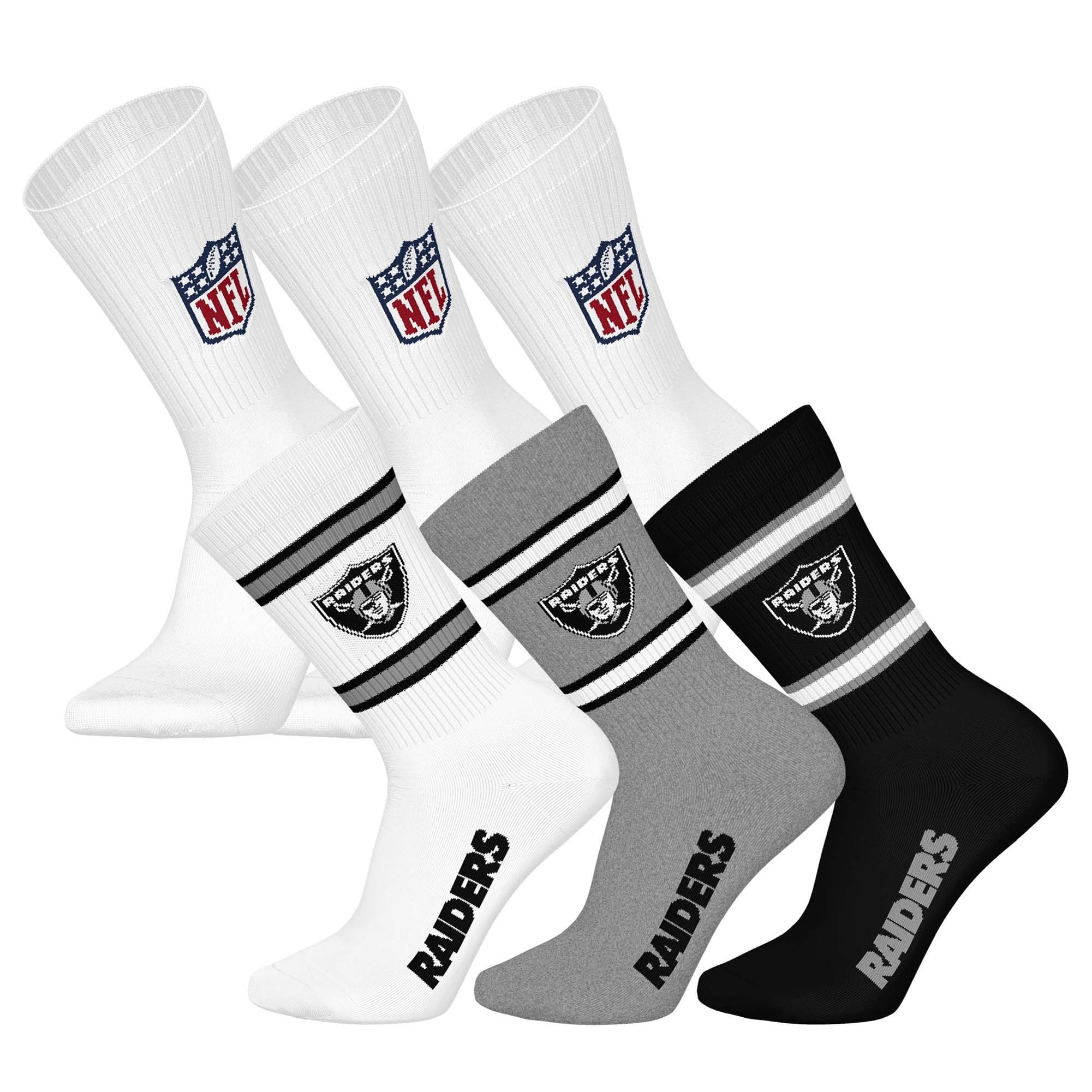 NFL Unisex Team Crew Socks, Las Vegas Raiders, White, 39-42, Pack of 6
