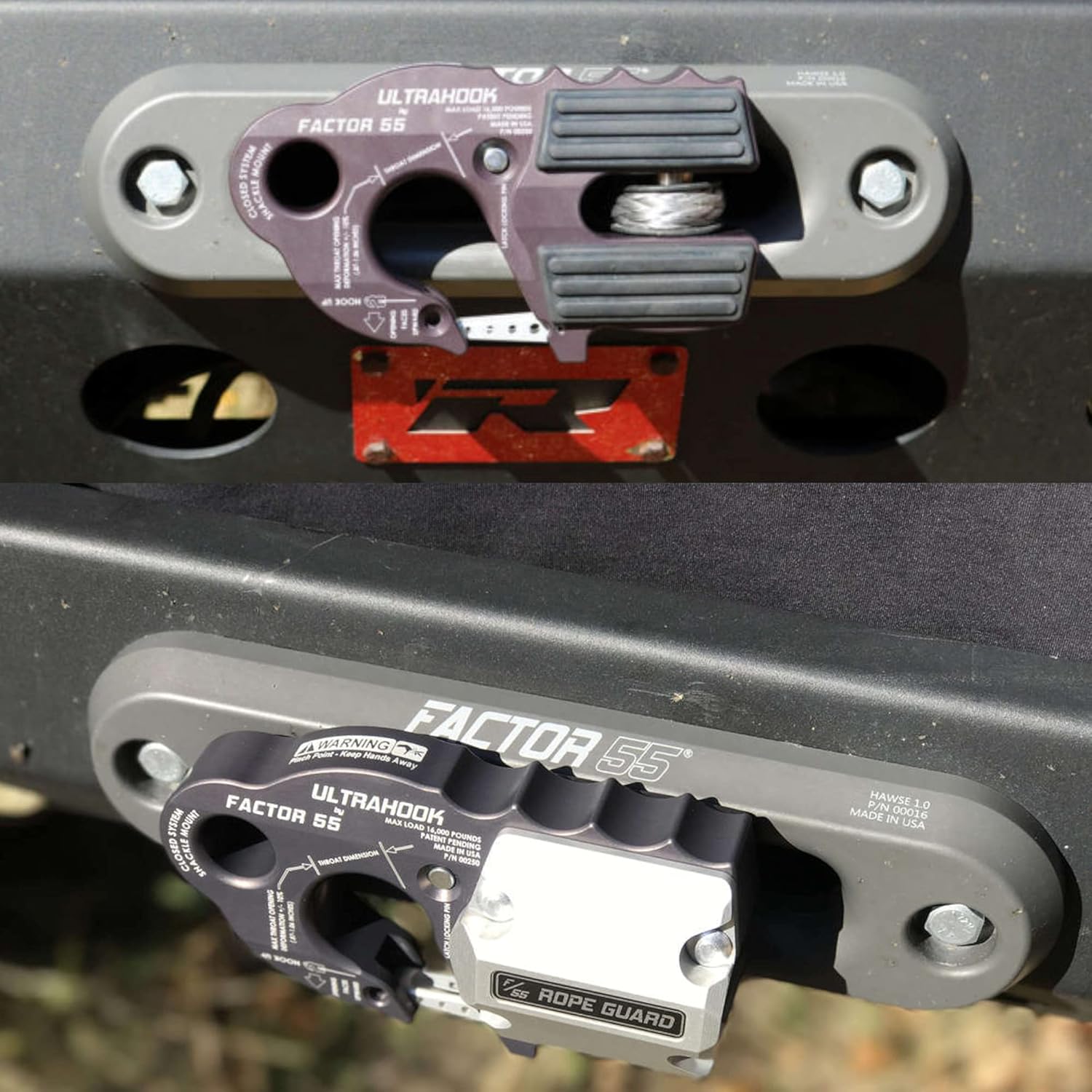 FACTOR55 UltraHook Winch Hook Integrated Shackle Pin Mount Recovery Towing Bundle with a UltraHook Rope Guard and Keychain Light (Gray with Rope Guard) (00250-06)