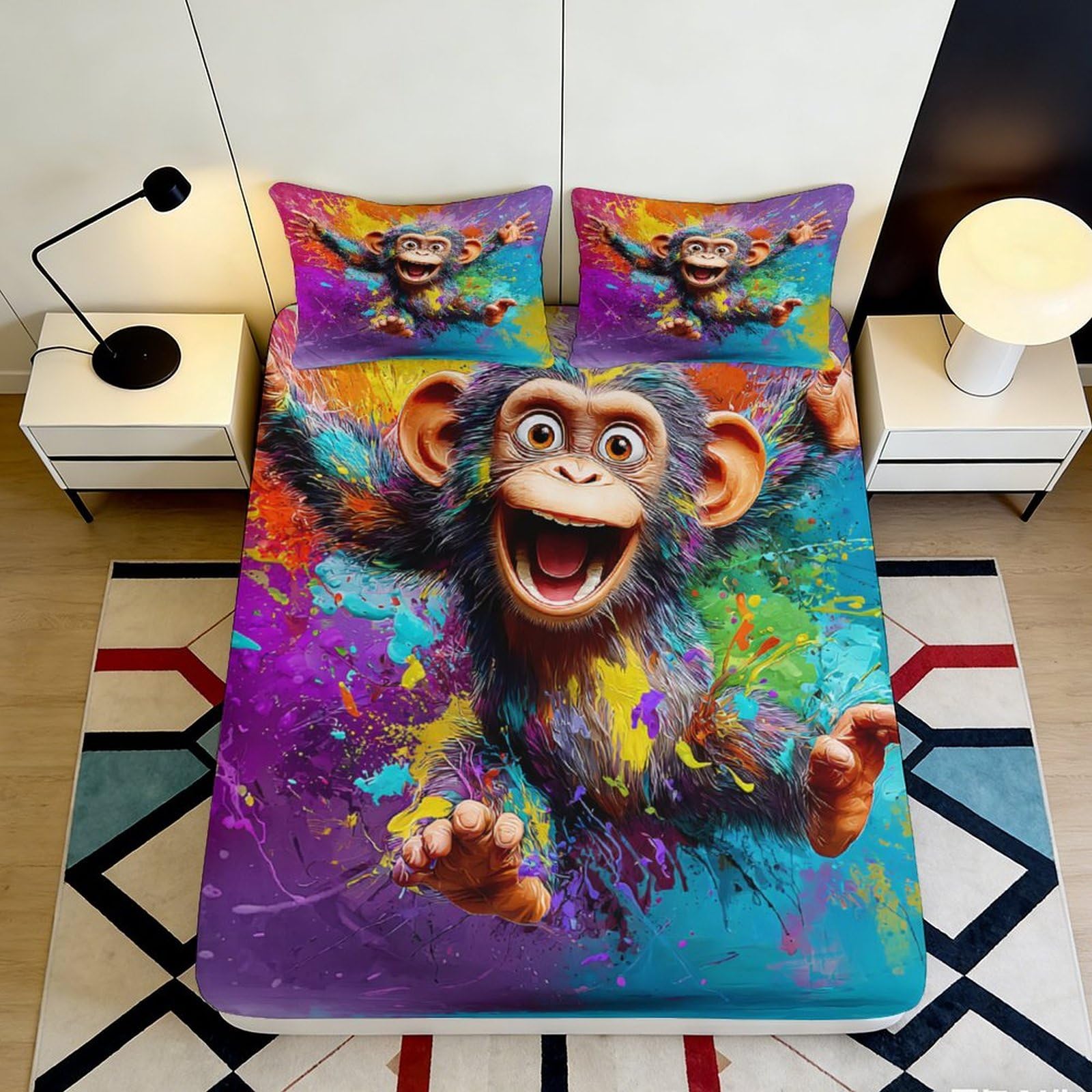 3D Printed Vibrant Monkey Fitted Sheet Microfiber Colourful Graffiti Bed Cover for Bedroom Dorm Mattress Protection Decor 120x200x25cm