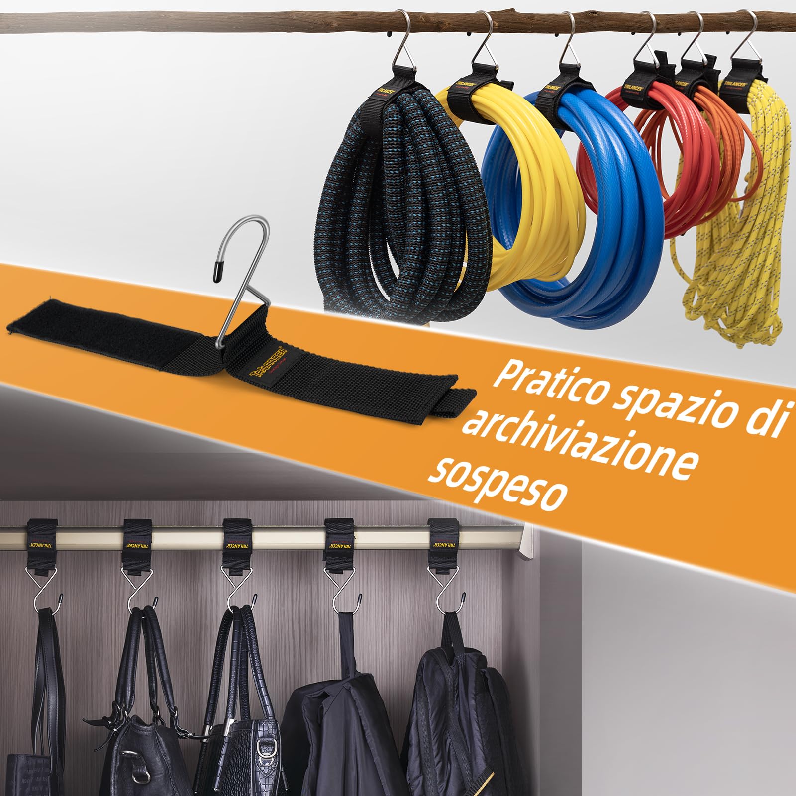 Trilancer Organizzatore per Cavi 6 Pezzi Cinghie con Gancio in Metallo da Parete