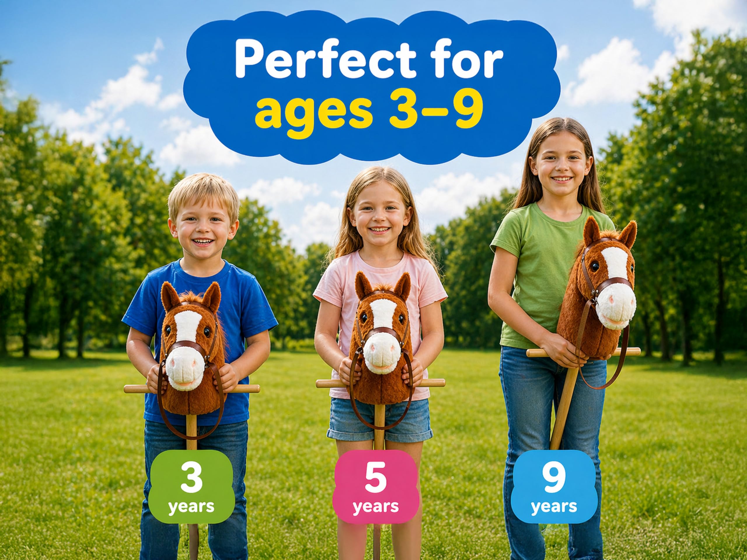 CELMAN Hobby Horse - Steckenpferd Braun A4 mit Zaumzeug und Sound - Geräuscheffekt durch Ohrdruck - Holzstab mit Rädern - Spielzeug Pferd für Kinder - Reiten & Rollenspiel