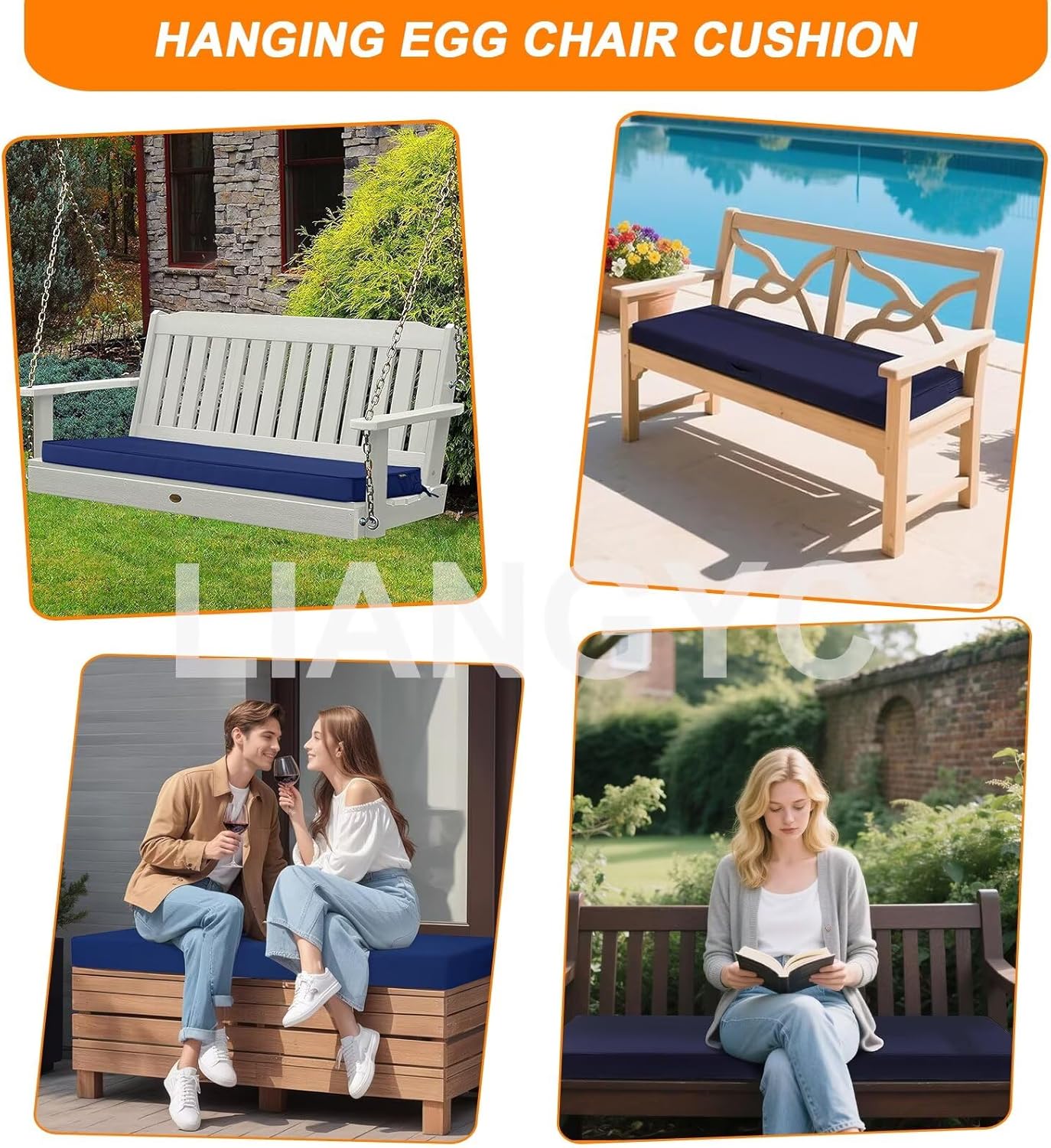Outdoor Bench Cushion 47x17 Inch, Patio Furniture Cushions Replacement, Waterproof & Fade Resistant Settee Seat Cushion, 2 Inch Porch Swing Pads with Ties and Hidden Zipper, Washable Cover, Navy