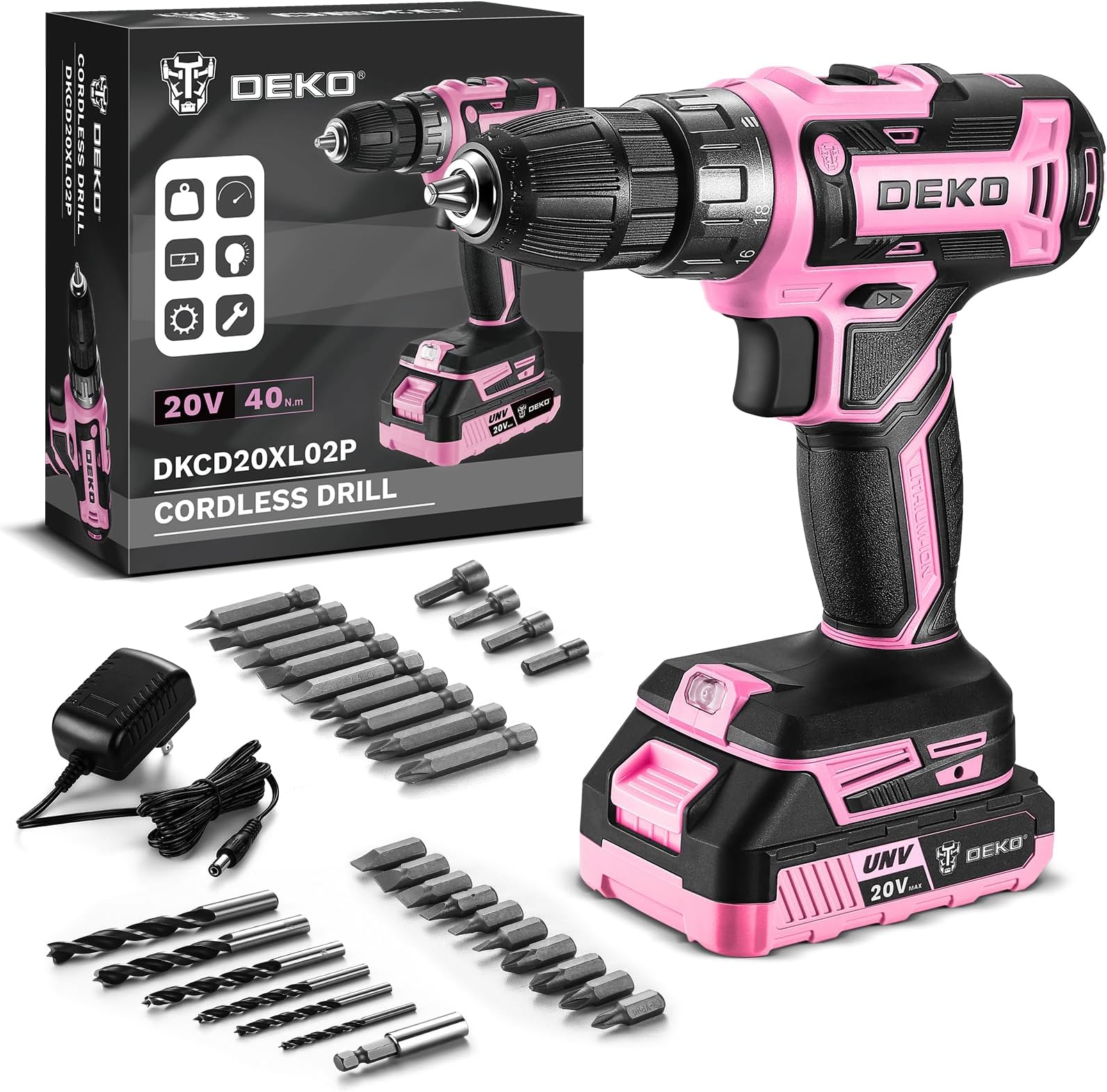 DEKOPRO 20V MAX Lithium-ion Cordless Power Drill Driver Set: 20V Electric Drill, 18+1 Torque, 2 Speeds, Built-In LED, Pink, Drill Driver Kit