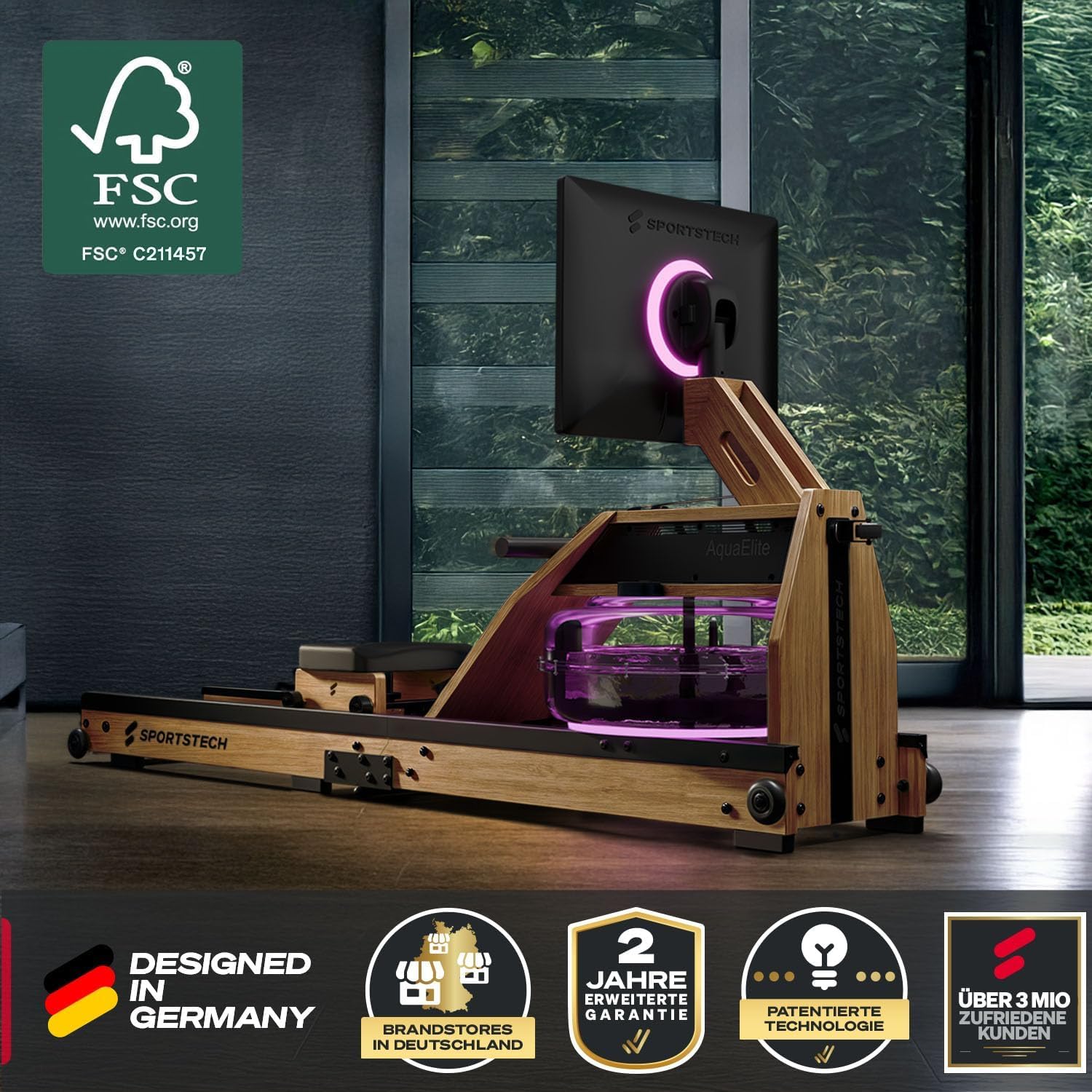 Sportstech AquaElite, Wasser Rudergerät für zu Hause, authentisches Rudererlebnis, Cardio und Ganzkörpertraining, Massivholz, klappbar, LED-Wassertank, 10,1" oder 21,5" Display mit App