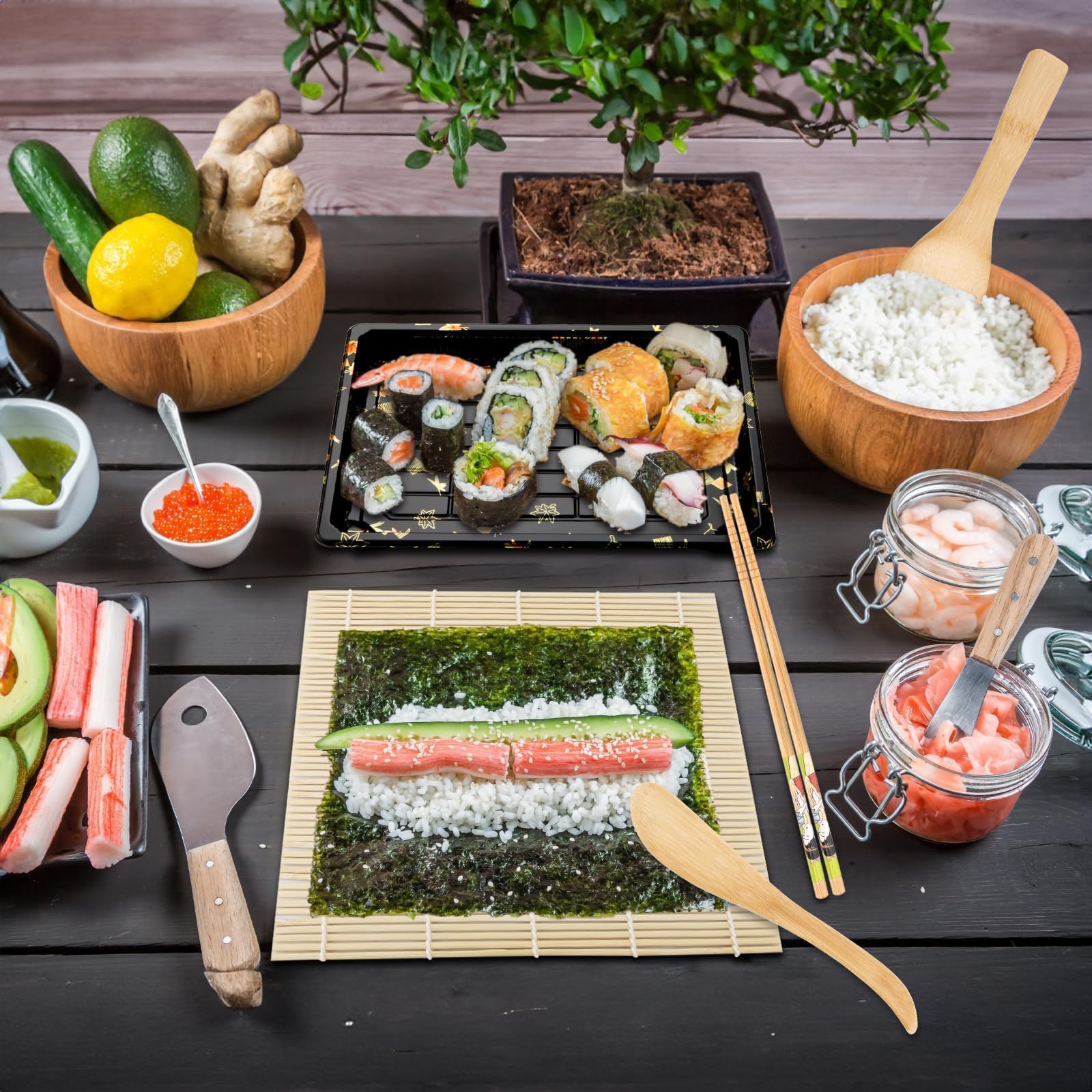 Mbsomnus 20-częściowy Zestaw do Sushi - 12 Półmisek z Pokrywką, Mata Bambusowa, 5 Par Pałeczek, Solniczka Ryżowa i Wiosło - Dla Początkujących