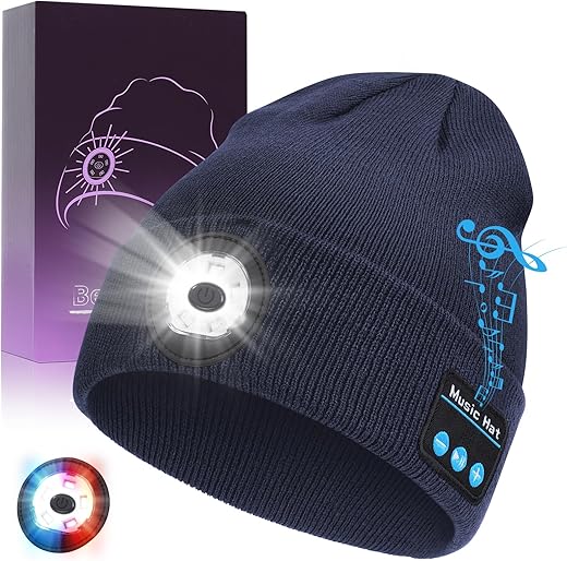 TOPIEI Bluetooth Beanie with Light, USB-C Charging 5 LED Flashlight Hat, Built-in Stereo Speakers Mic, Christmas Stocking Stuffers White Elephant Gifts for Men Dad Teens Boys for Camping Fishing