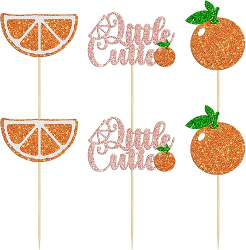 Miniatura 3 de Gyufise 24 adornos para cupcakes con purpurina temática de frutas naranjas, decoración de cupcakes de cítricos para baby shower, niños y niñas,