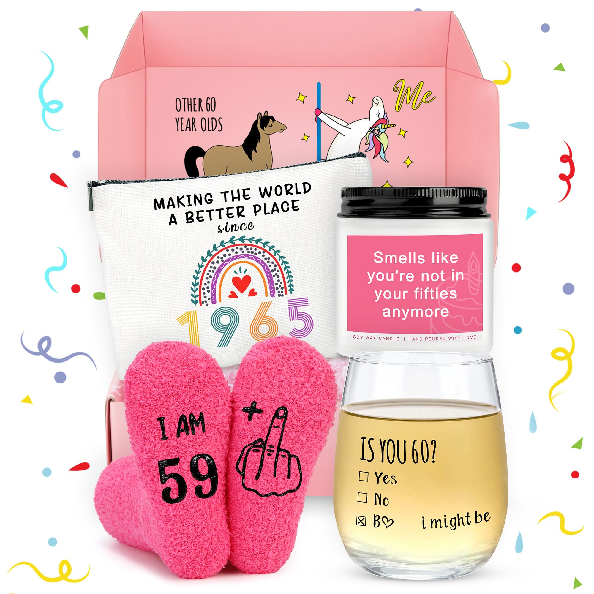Pradnel 60th Birthday Gifts for Women Funny 60 Year Old Birthday Gifts for Women Turning 60 Gift for Woman Happy 60th Bday Decorations for Woman Mom Her - Wine Glass Makeup Bag Candle Socks