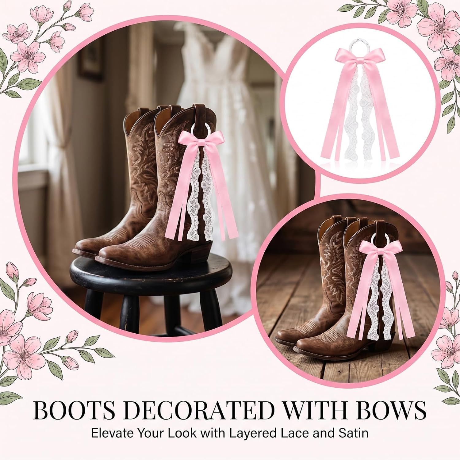 4 PCS Pink Ribbon Boot Bows for Cowgirl Boots, Lace Ribbon Bows Accessories image 4