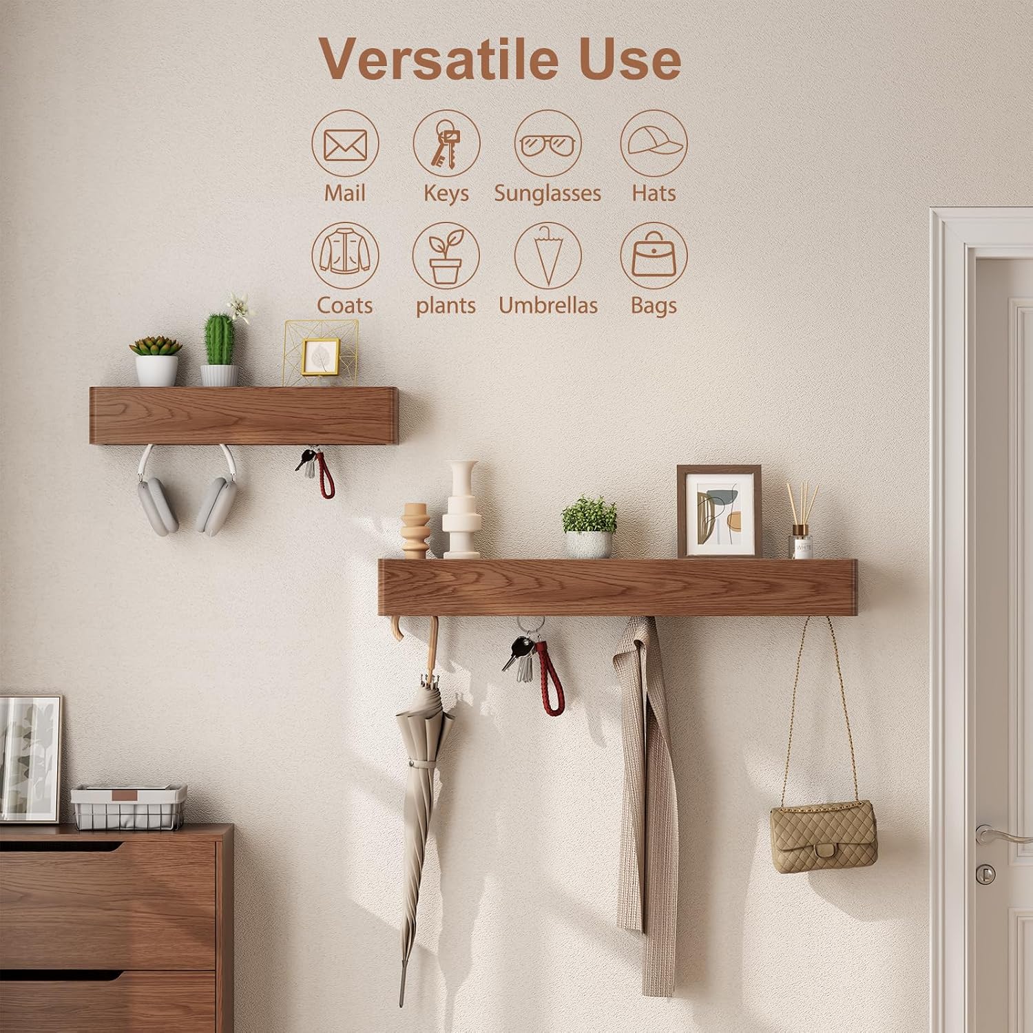 CycleCrew Solid Wood Wall Mounted Coat Rack with Shelf Hooks - Modern Floating Shelves with 8 Hidden Hooks, Heavy Duty Entryway Coat Key Holder Hanger for Hallway Bathroom Bedroom Home Decor