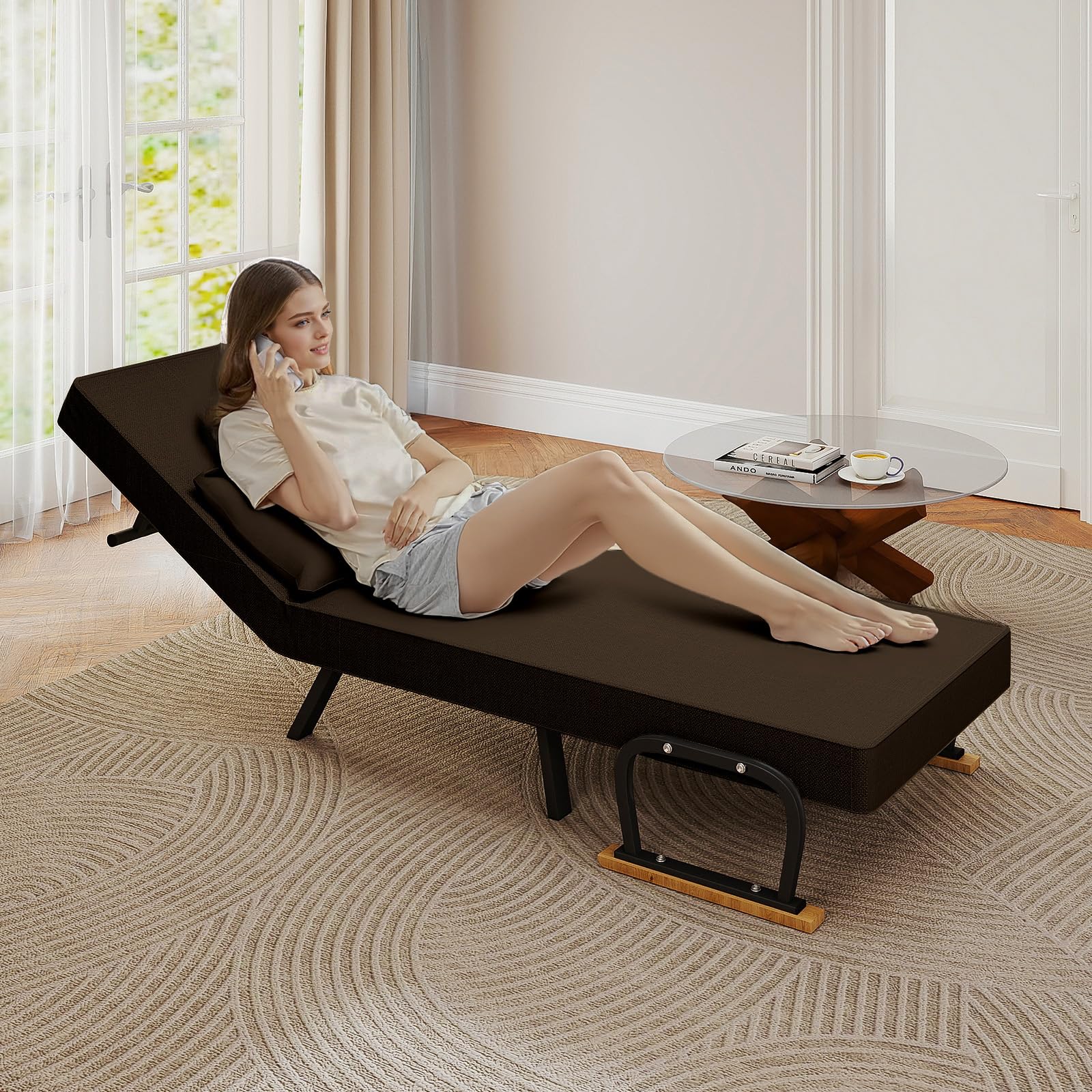 Fabulcozy Divano letto convertibile 3 in 1, poltrona regolabile 5 posizioni, fodera rimovibile in lino cotone, cuscino spesso, gambe in metallo trapezio inclinato, braccioli in legno e metallo, per