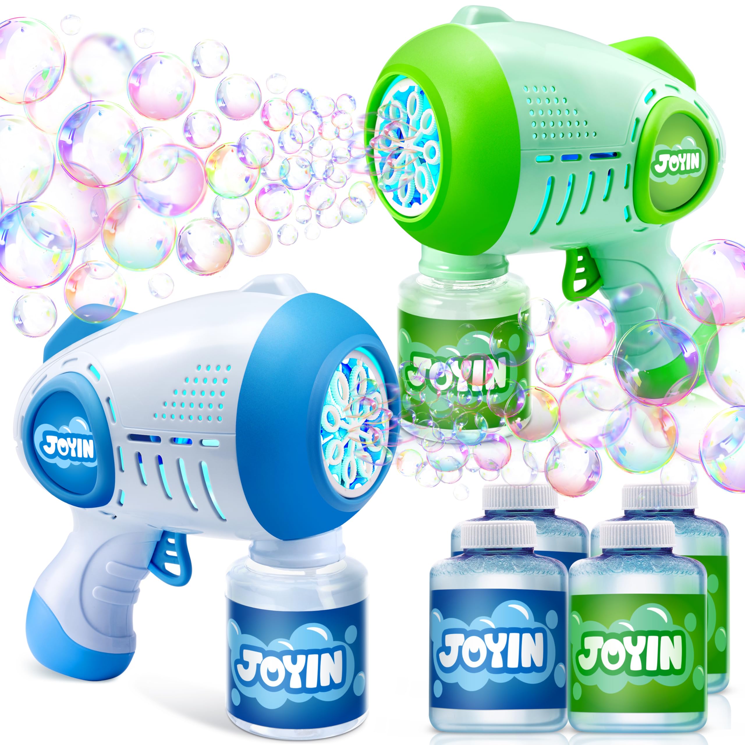 JOYIN 2 pistole a bolle per bambini con 4 bottiglie di soluzione, pistola automatica a bolle con 8 fori per bambini, adulti, giocattoli estivi, regali di Pasqua, regali di compleanno, Verde, Blu