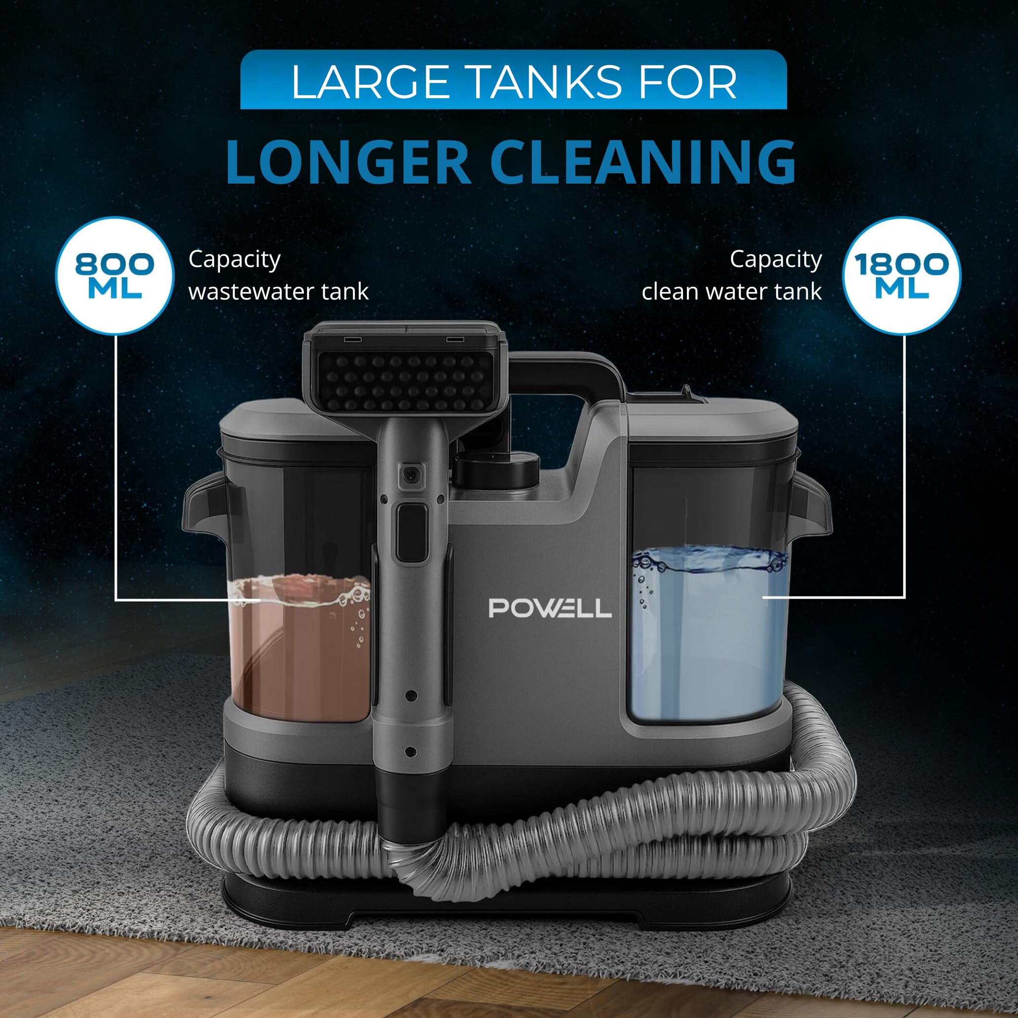 Powell Pulitore per tappeti da 450 W - Smacchiatore per divani e tappezzeria | Pulitore per sedili auto con serbatoio da 1,8 L | Macchina per la pulizia e la rimozione delle macchie dai materassi
