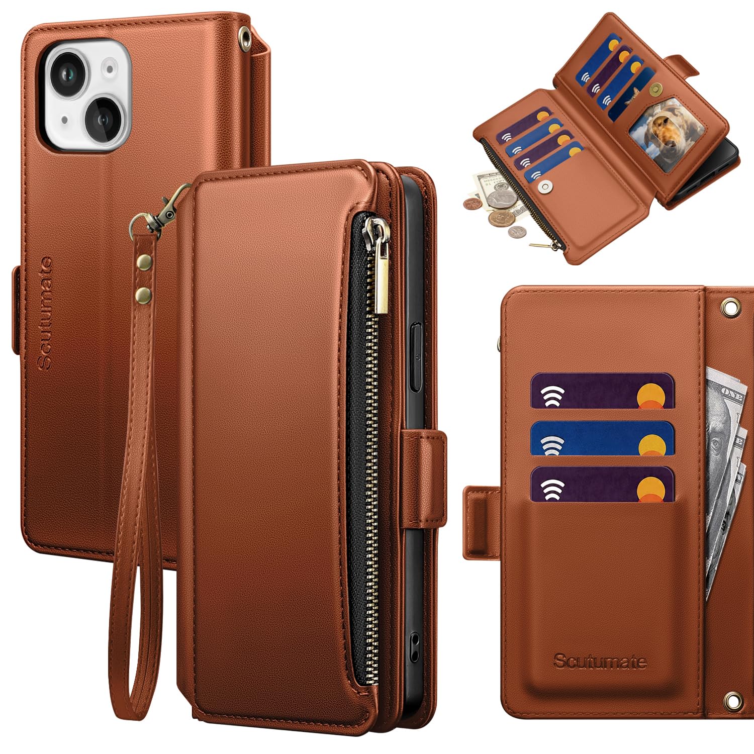 for iPhone 14 Wallet Case with Card Holder,Light Brown
