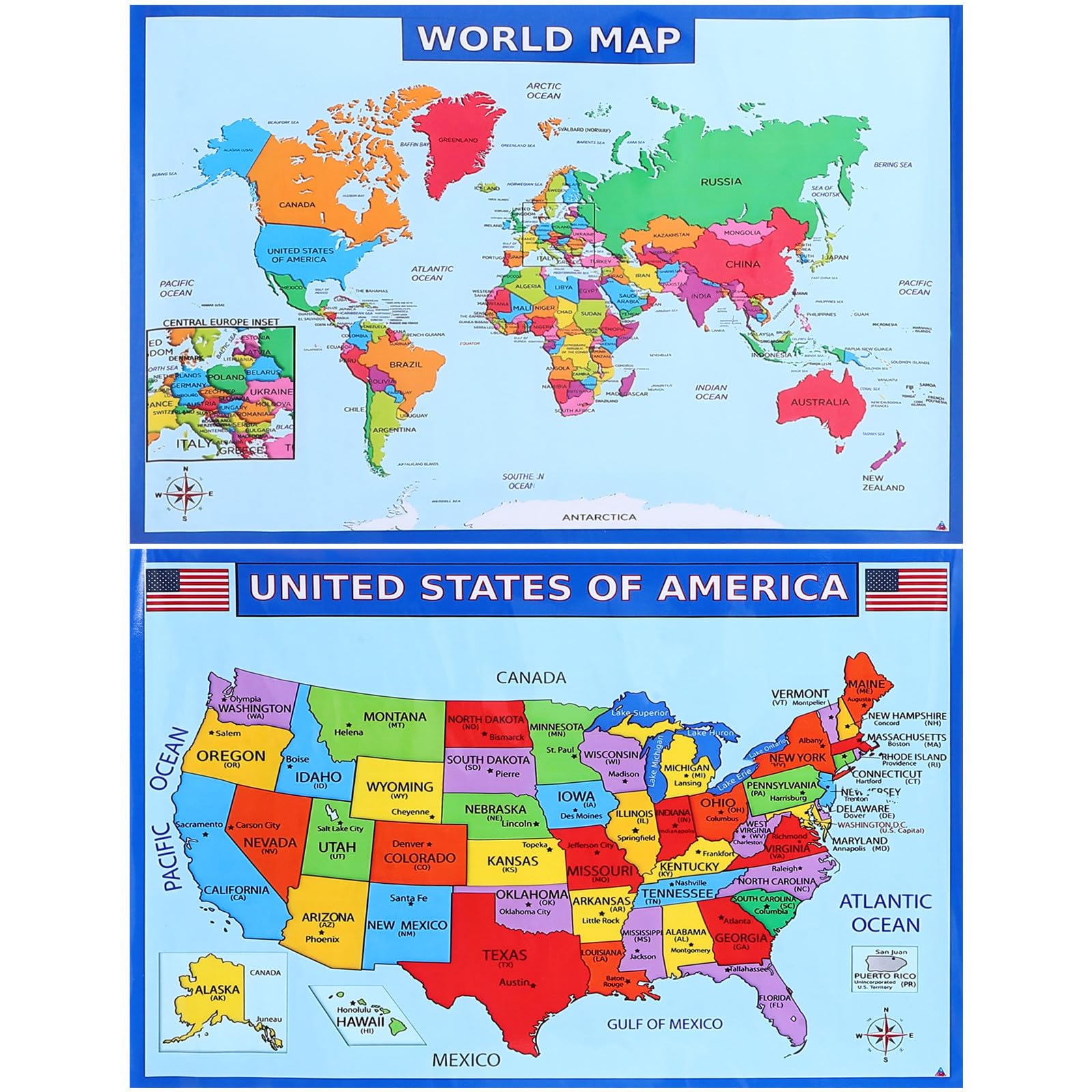 COHEALI World Map Poster and America Map Wall Art for Classroom Learning