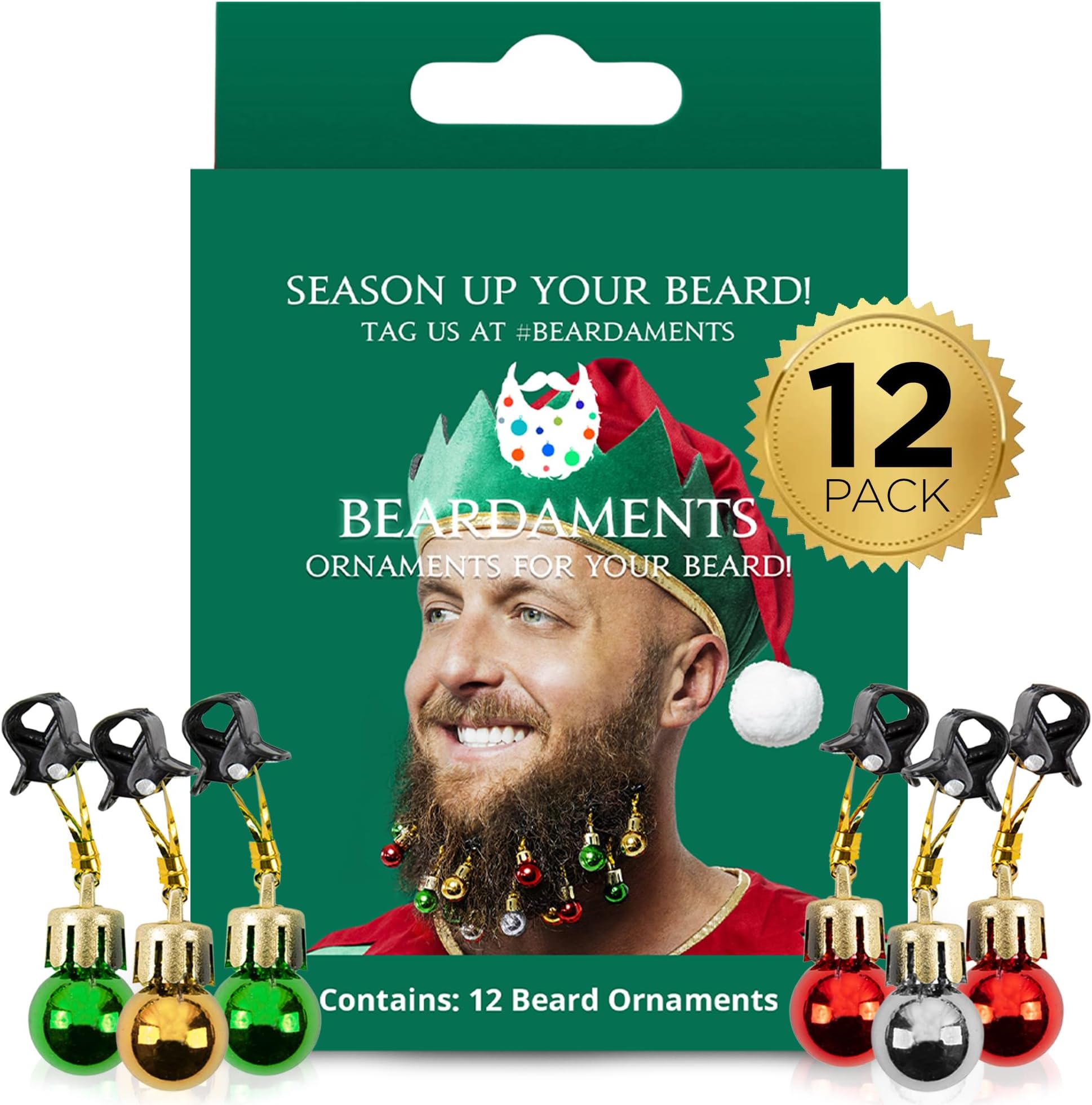 Beardaments Beard Ornaments for Men Colorful Christmas Baubles - Easy-Attach Funny Christmas Ornaments for Cosplay and Holiday Parties - 12pc