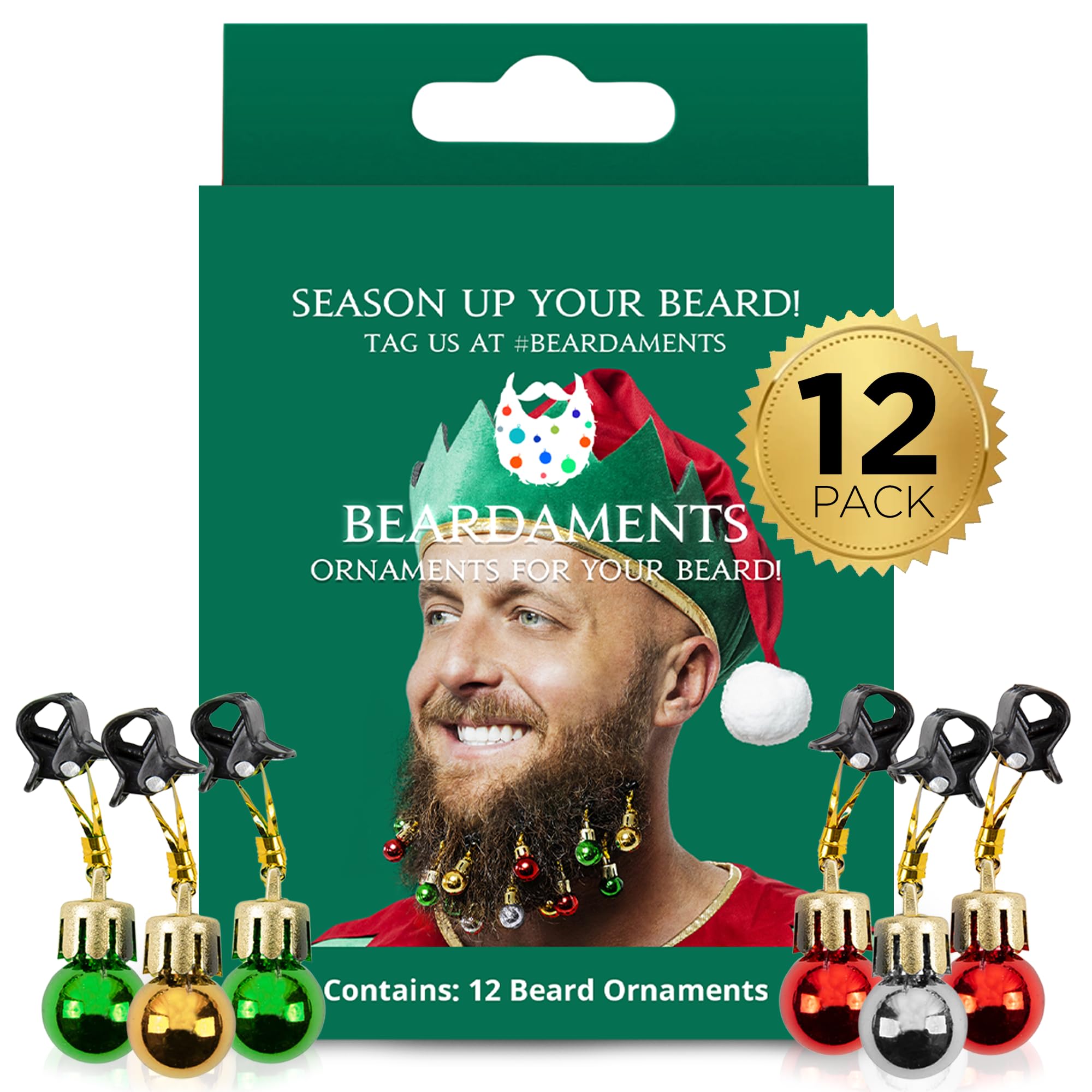 Beardaments Beard Ornaments for Men Colorful Christmas Baubles - Easy-Attach Funny Christmas Ornaments for Cosplay and Holiday Parties - 12pc