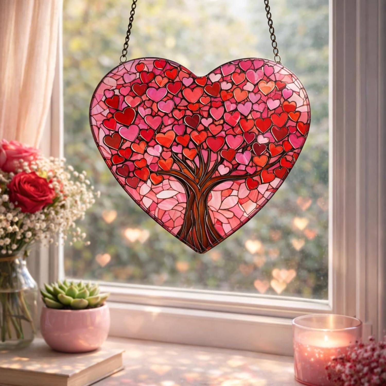 Stained Glass Window Hanging Heart Shape Birthday Gifts for Women Mom Pink Love Tree Glass Suncatcher for Window Hanging Decor, Valentine's Day Gifts (Pink Heart, 7.8'')