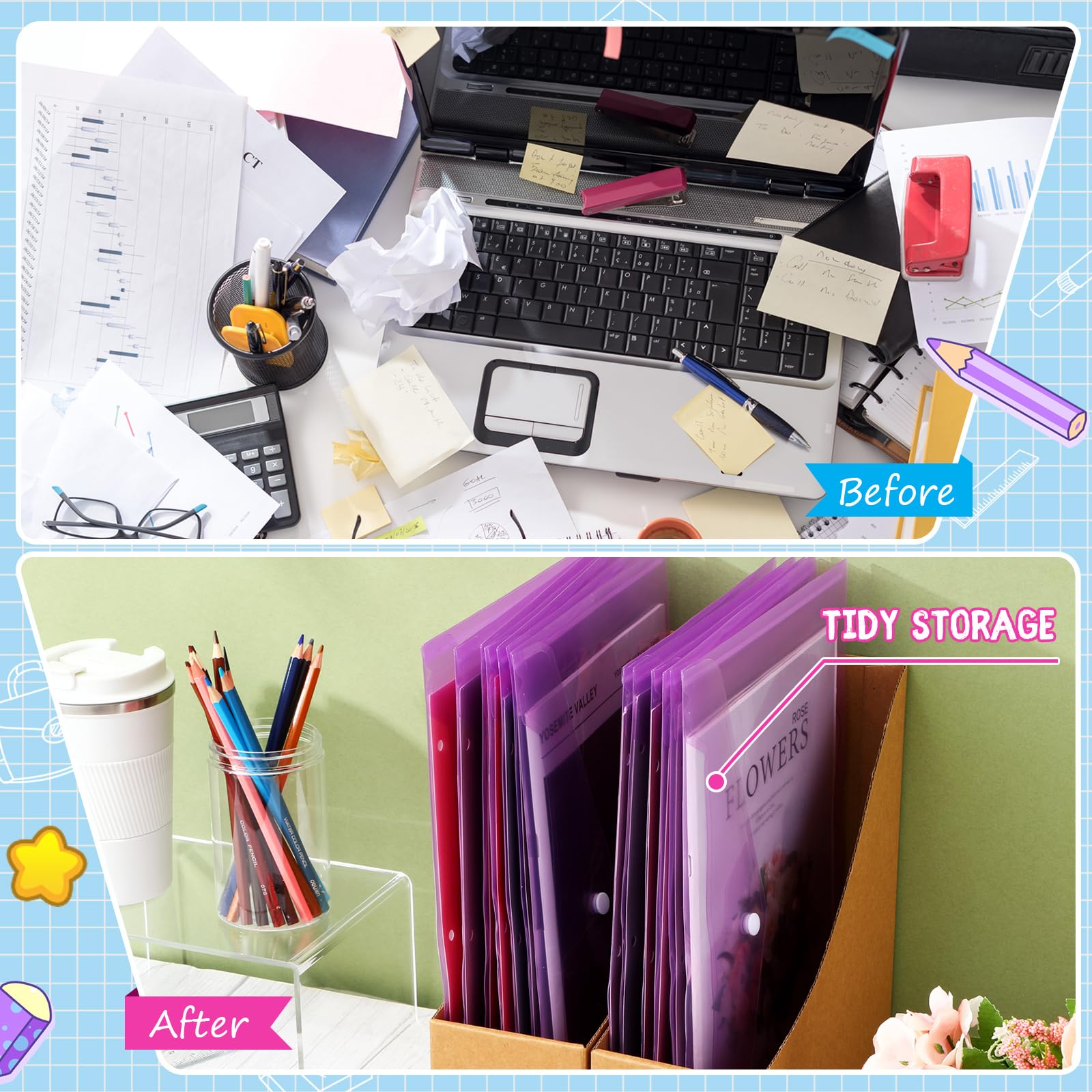 MotiMind 100 buste trasparenti con chiusura a bottone a pressione, formato A4, in plastica trasparente, organizer per documenti, per ufficio e casa (viola)