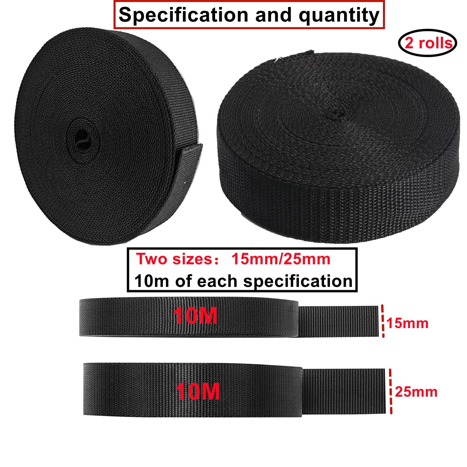 HUAZIZ Correa de Polipropileno, Cincha, Cinturones, Correa de cincha Nylon 15/25 mm x 10 m, para Bricolaje, flejes de Mochilas, arneses y Collares de Perro - Negro