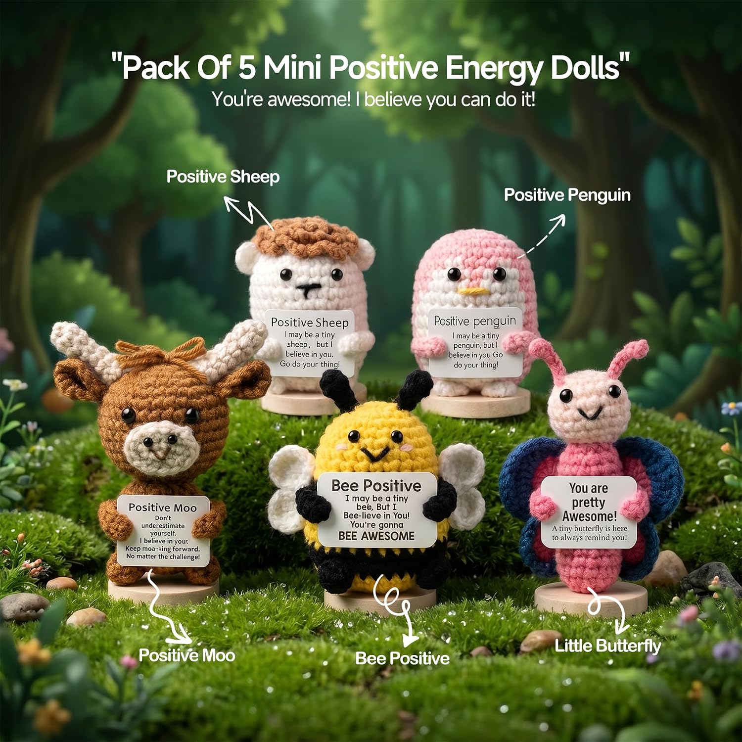 5-Pack Positive Crochet Animal Gift with Motivational Card, Emotional Support Stuffed Koala with Wooden Base, Funny Birthday Gifts for Women Men Friends Coworkers, Desk Decor Encouragement Present