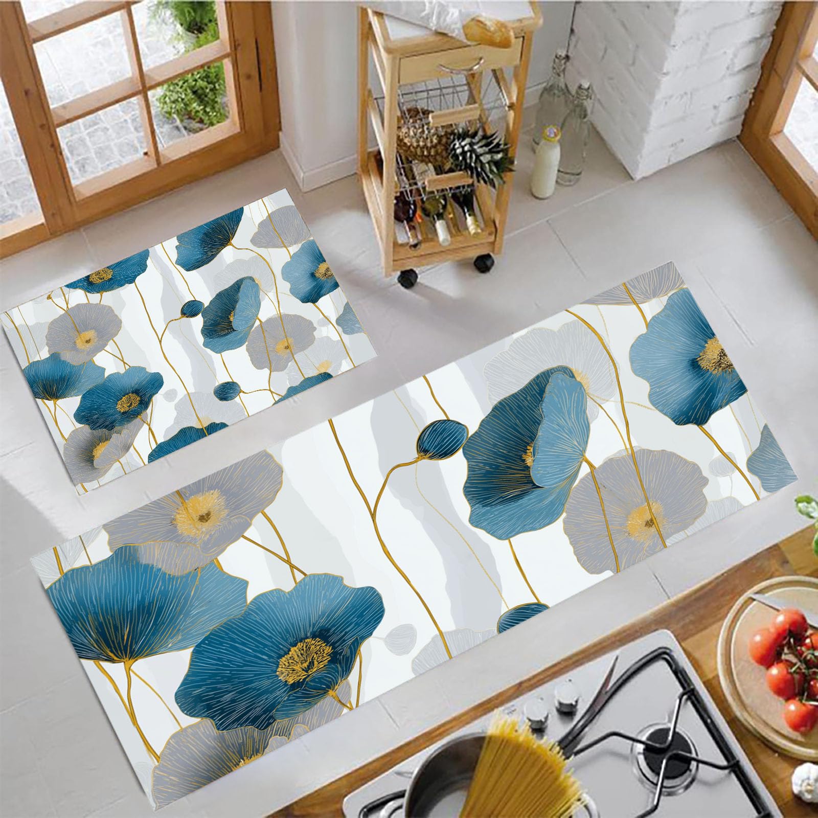 Tapis de cuisine absorbant l'eau huile anti-poussière bleu