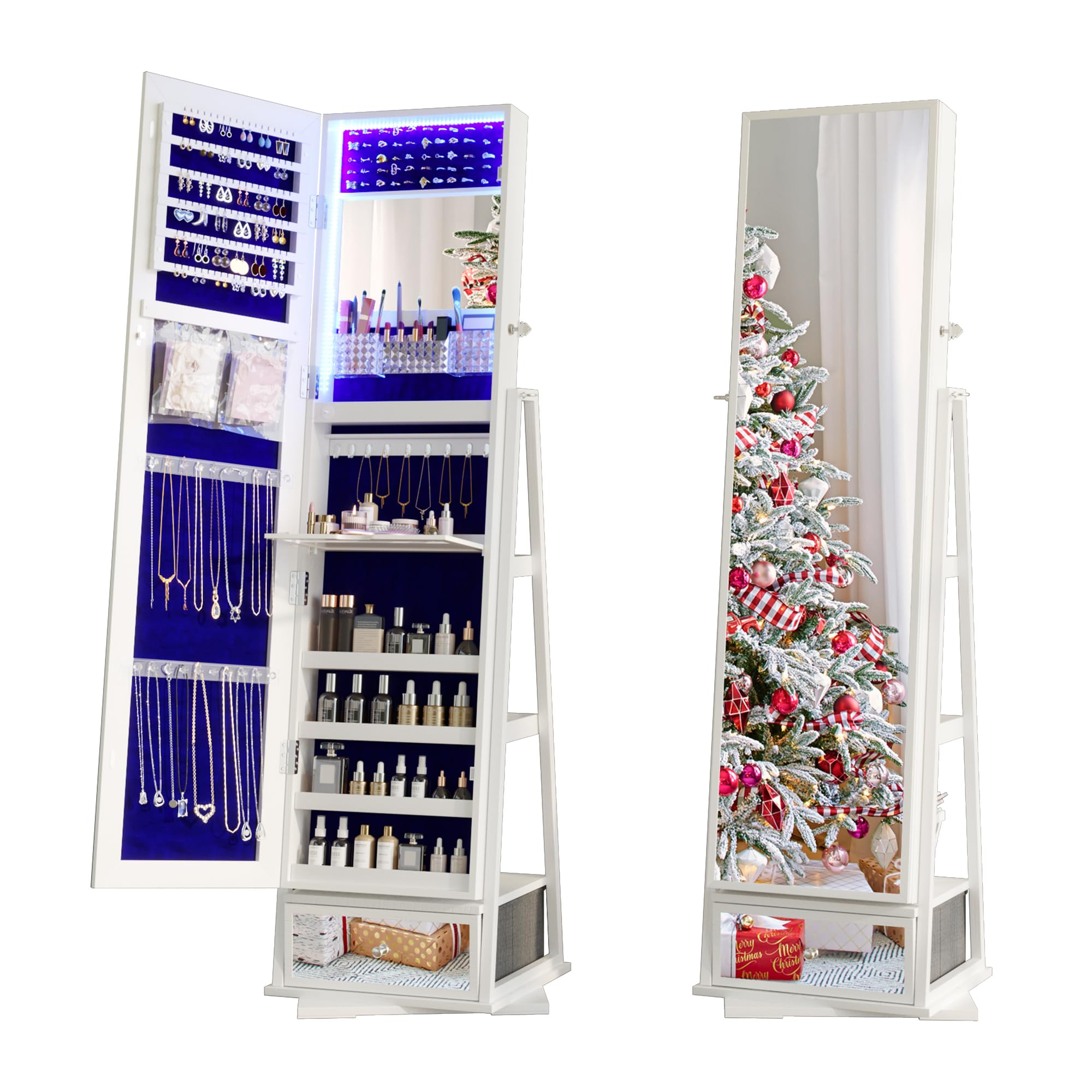 MDGC 3 LEDs Lockable Mirror Jewelry Cabinet, 360° Swivel Jewelry Organizer, Full Length Mirror with Jewelry Storage,Built-In Interior Mirror,3 Storage Shelves,Christmas Gifts