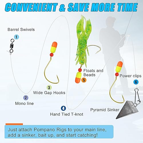 Miniatura 4 de Paquete de 6 aparejos de pesca de agua salada con flotadores de Snell, ganchos circulares, cuentas preaparejadas, aparejos de pesca de agua salada,
