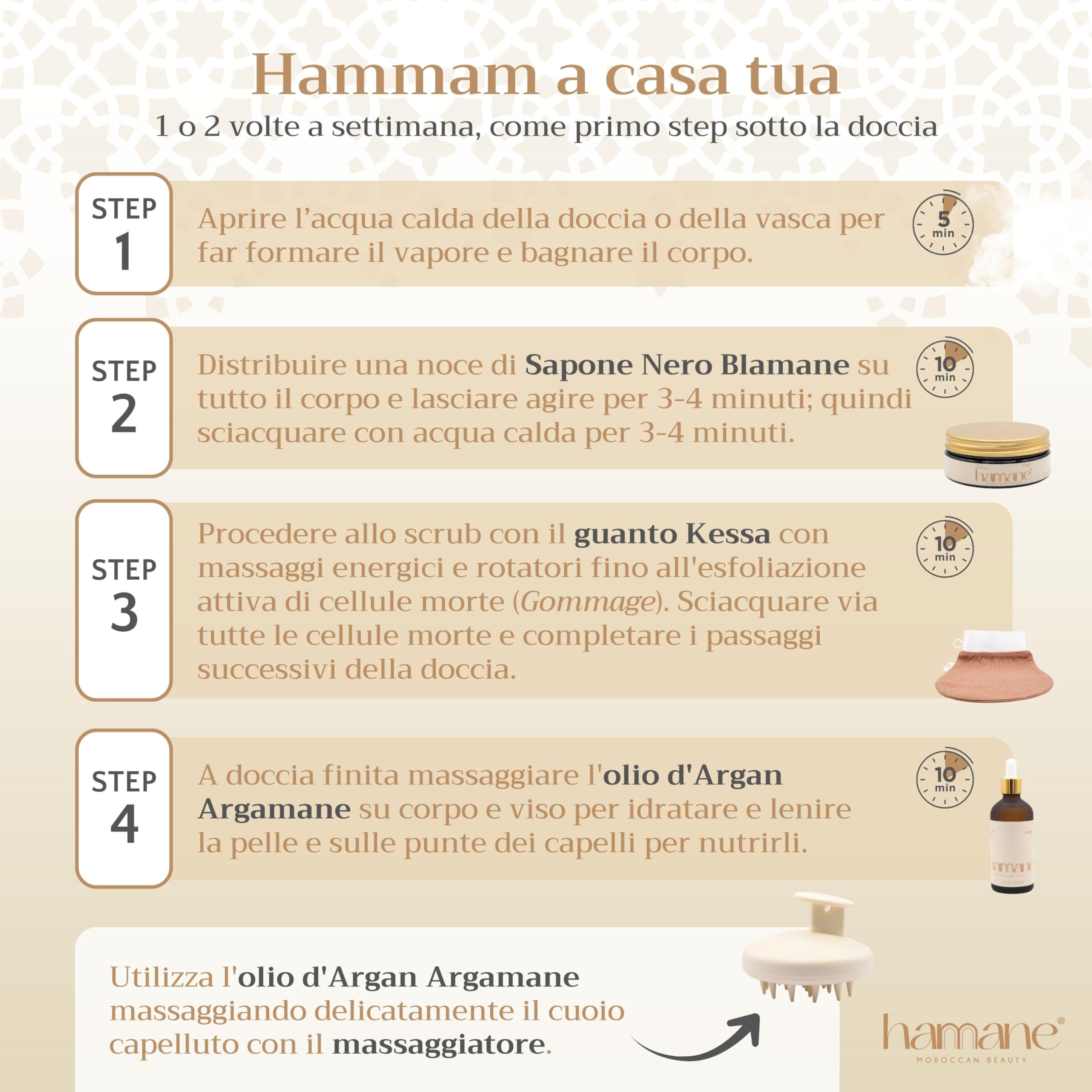 Beauty, Kit Hammam Total Body con Sapone Nero Marocchino (100 g), Guanto Kessa Esfoliante Panna, Olio di Argan (50 ml) e Massaggiatore Cuoio Capelluto, Profumo Gelsomino