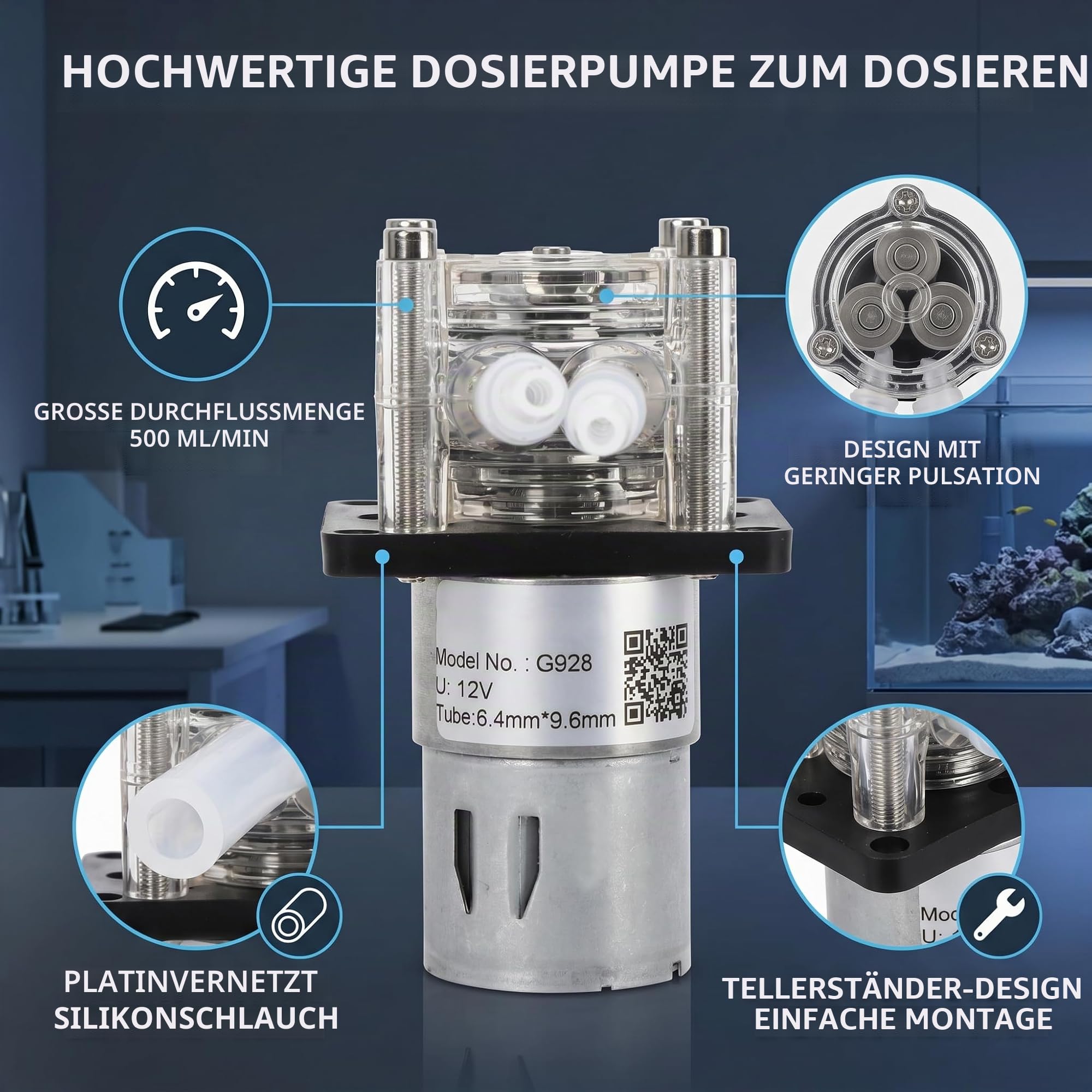 Fafeicy G928 12V Peristaltikpumpe, 500 ml/min Dosierpumpe mit großem Durchfluss, mit Kartenschlitzdesign und Edelstahlschraube, für Aquarienlabor, 6,4 mm x 9,6 mm Pumpenrohr (12V)