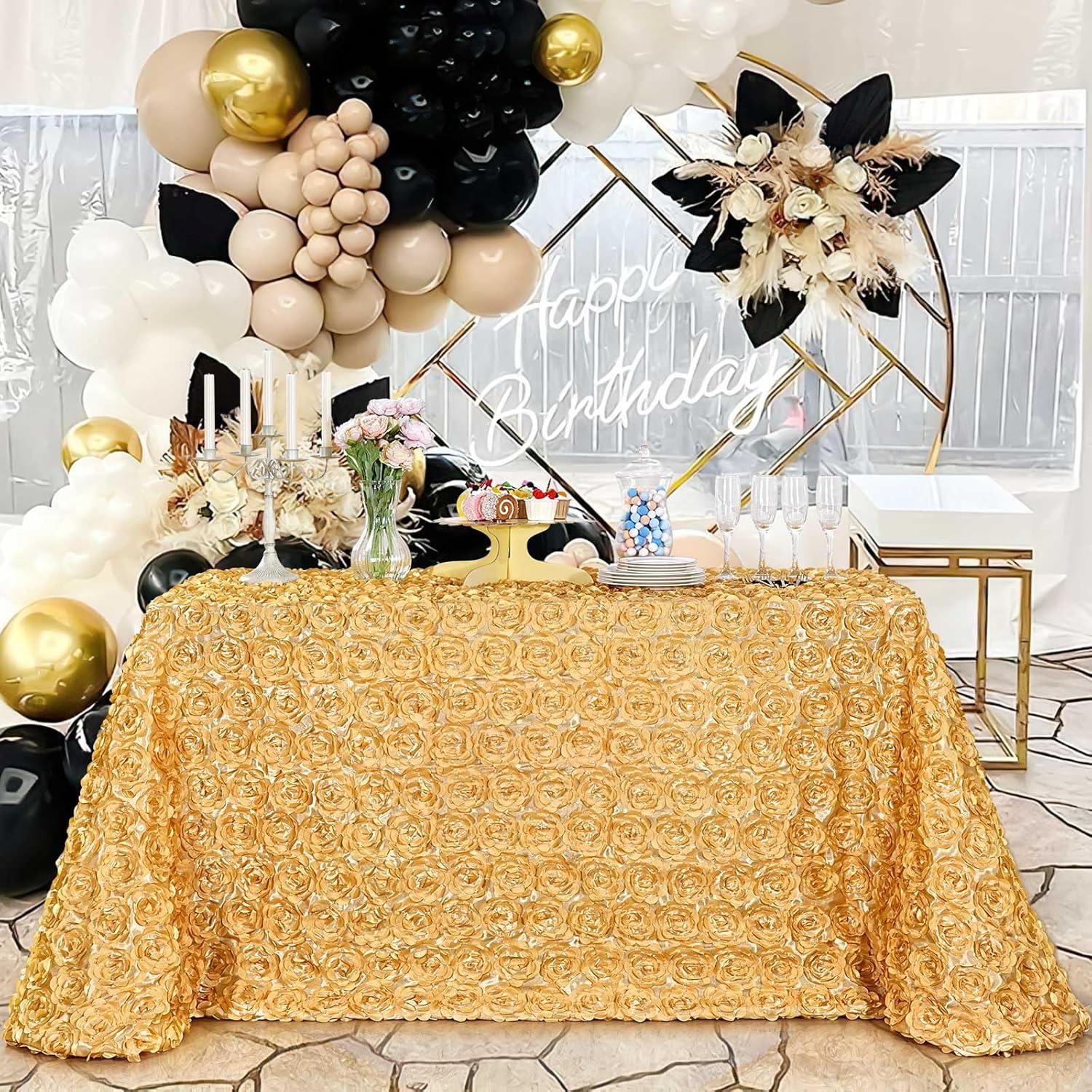 B-COOL Light Gold Rosette Tablecloth Party Table Overlay 90x156 Inch 3D Floral Fabric Cover for Brithday Holiday Party Wedding Table Decorations